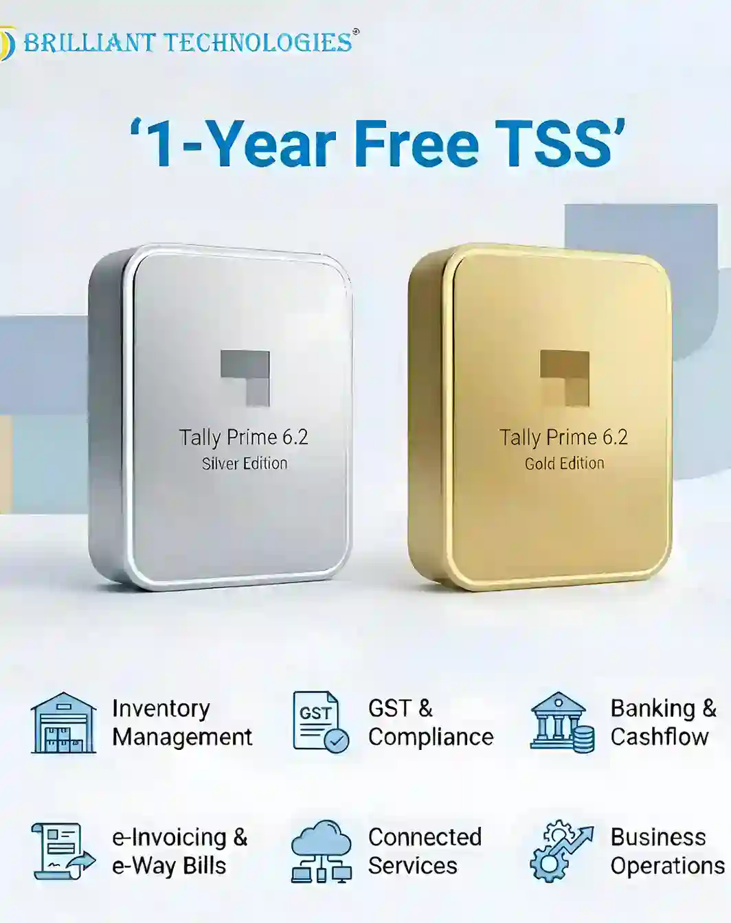 Brilliant Technologies Hyderabad Tally Prime 6.2 Silver and Gold Edition with 1-Year Free TSS featuring GST, inventory, banking, e-invoicing and business operations