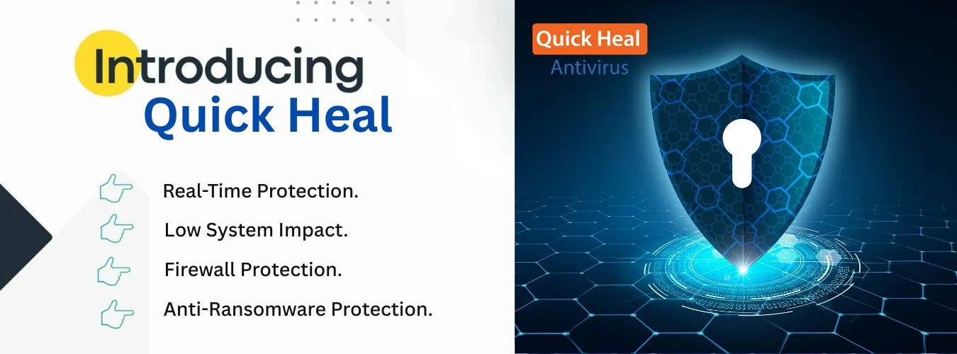 Quick Heal antivirus security features with shield and digital protection background