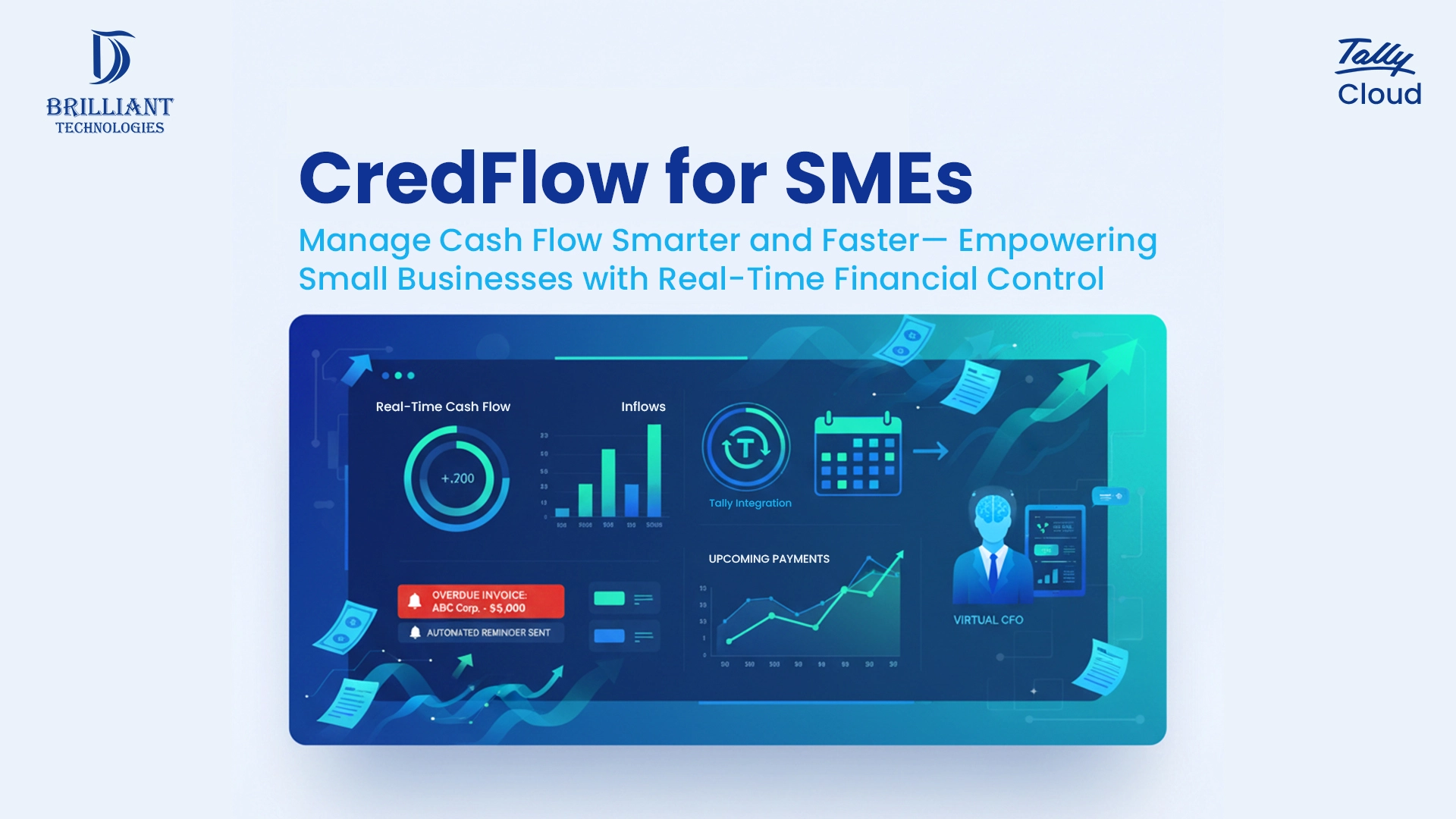 CredFlow cash flow management dashboard integrated with Tally, implemented by Brilliant Technologies for SMEs in Hyderabad to track real-time inflows, invoices, and payments