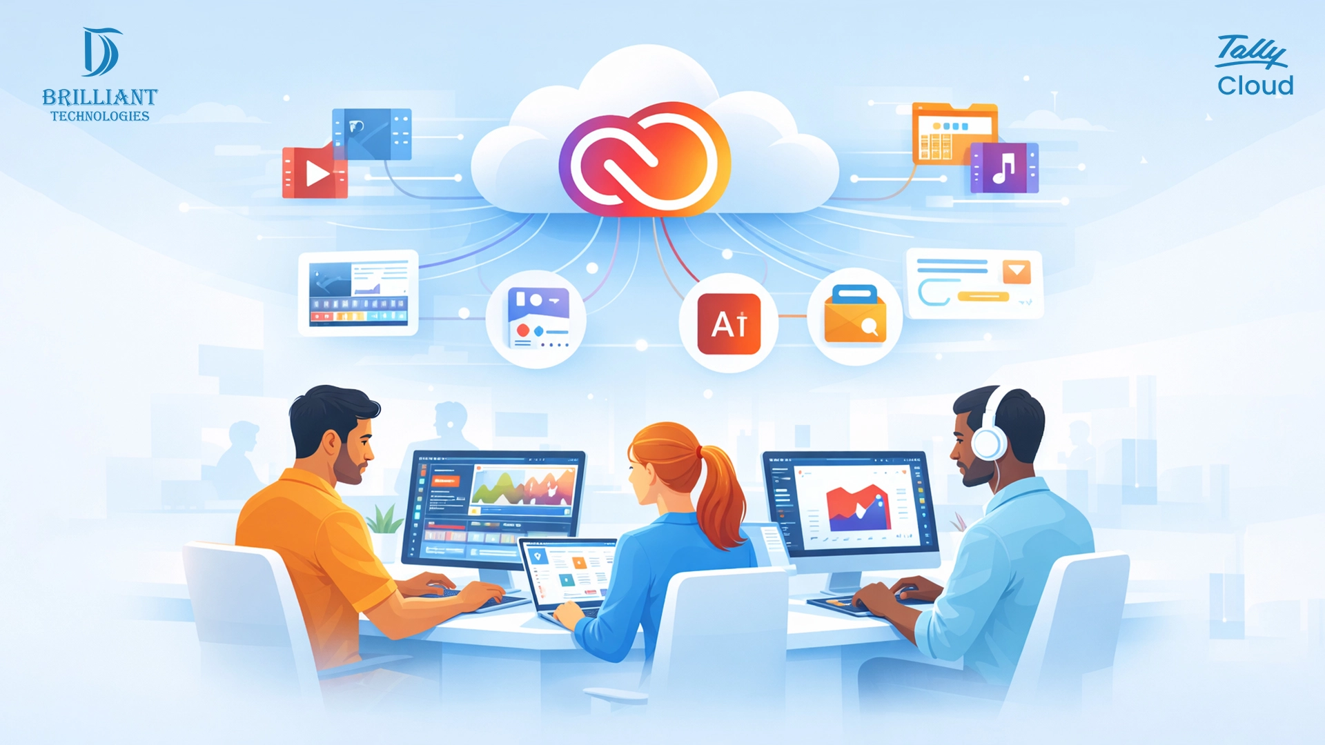 Digital marketing team in Hyderabad using Adobe Creative Cloud tools for design and analytics, enabled by Brilliant Technologies for business growth and technology integration
