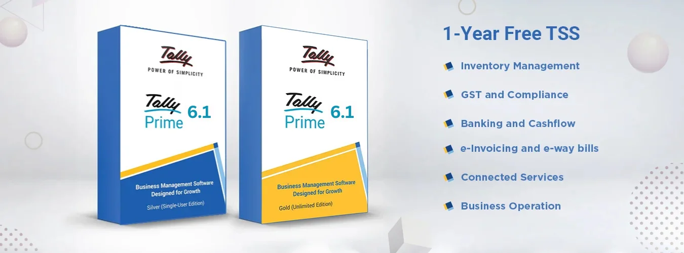 TallyPrime 6.1 Silver and Gold edition boxes with 1-year free TSS features — Inventory, GST, e-Invoicing, and more by Brilliant Technologies.