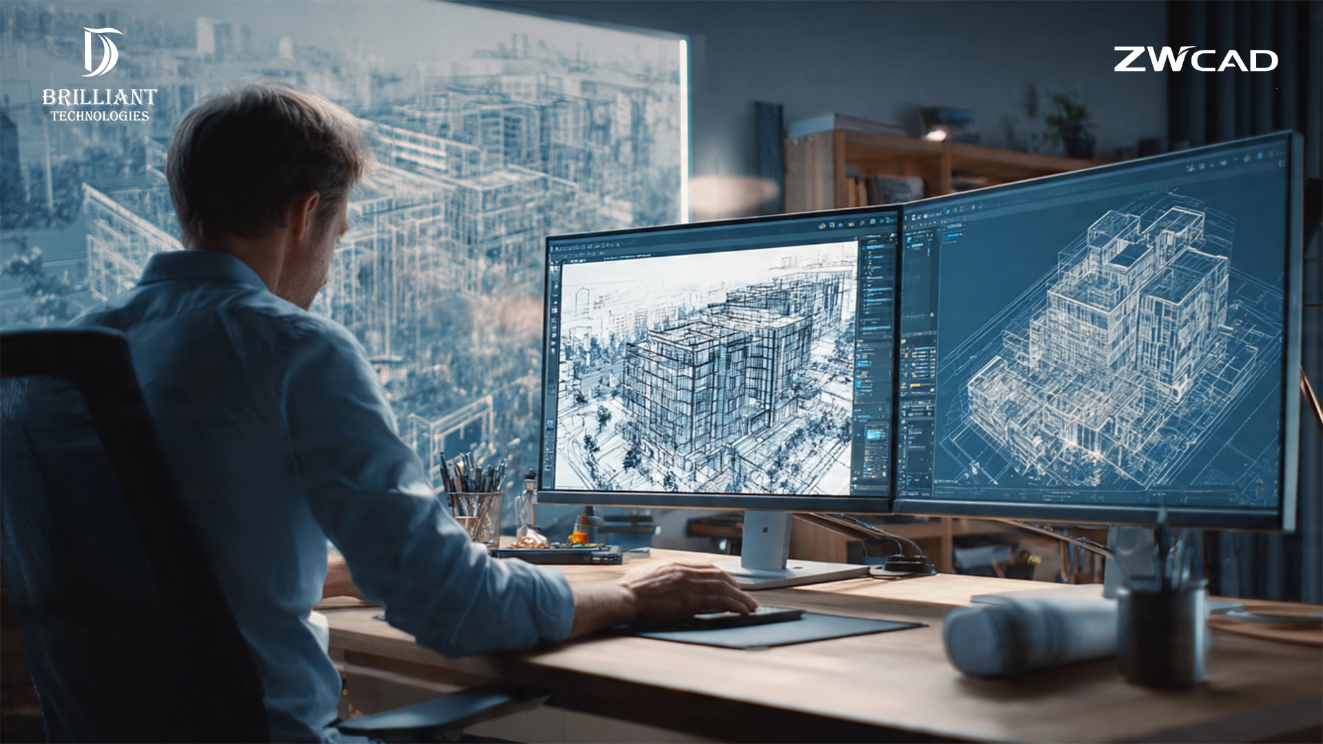Architect using ZWCAD software for 3D building design and drafting, implemented by Brilliant Technologies for engineering firms in Hyderabad