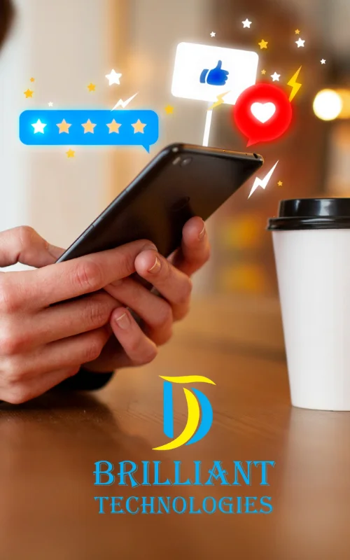 Person using smartphone with social media icons and Brilliant Technologies branding.
