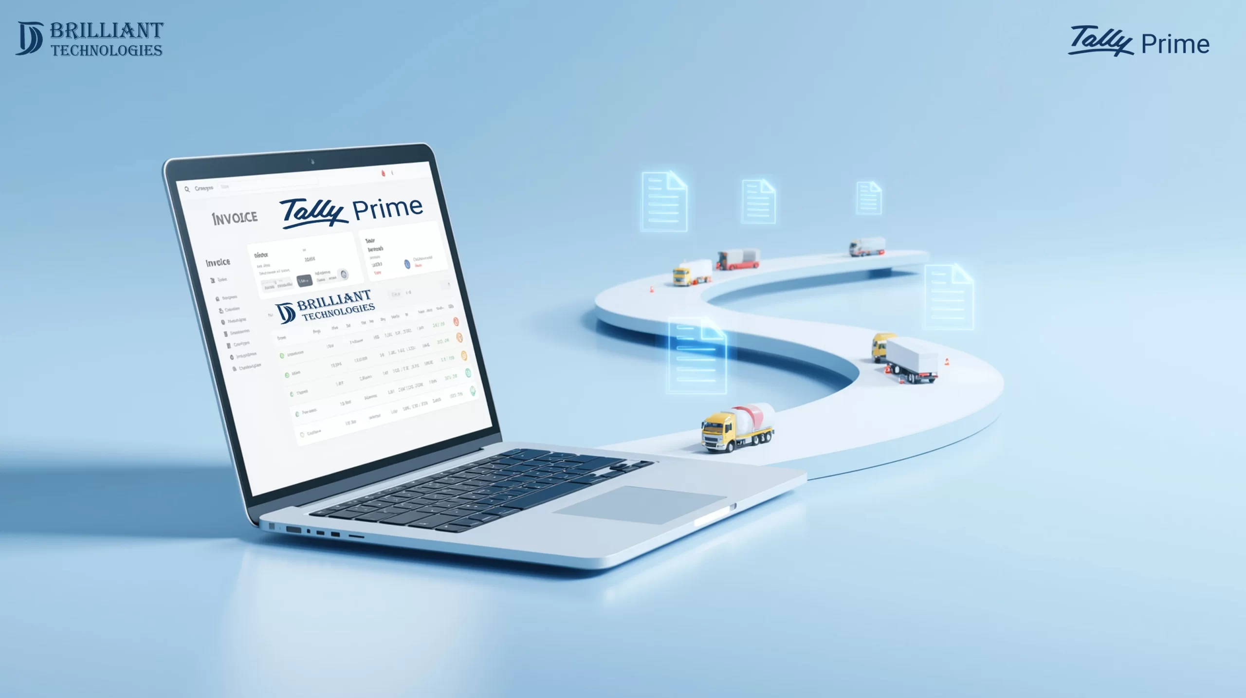 TallyPrime invoicing and logistics automation by Brilliant Technologies showing trucks, digital documents, and a smooth supply chain workflow.
