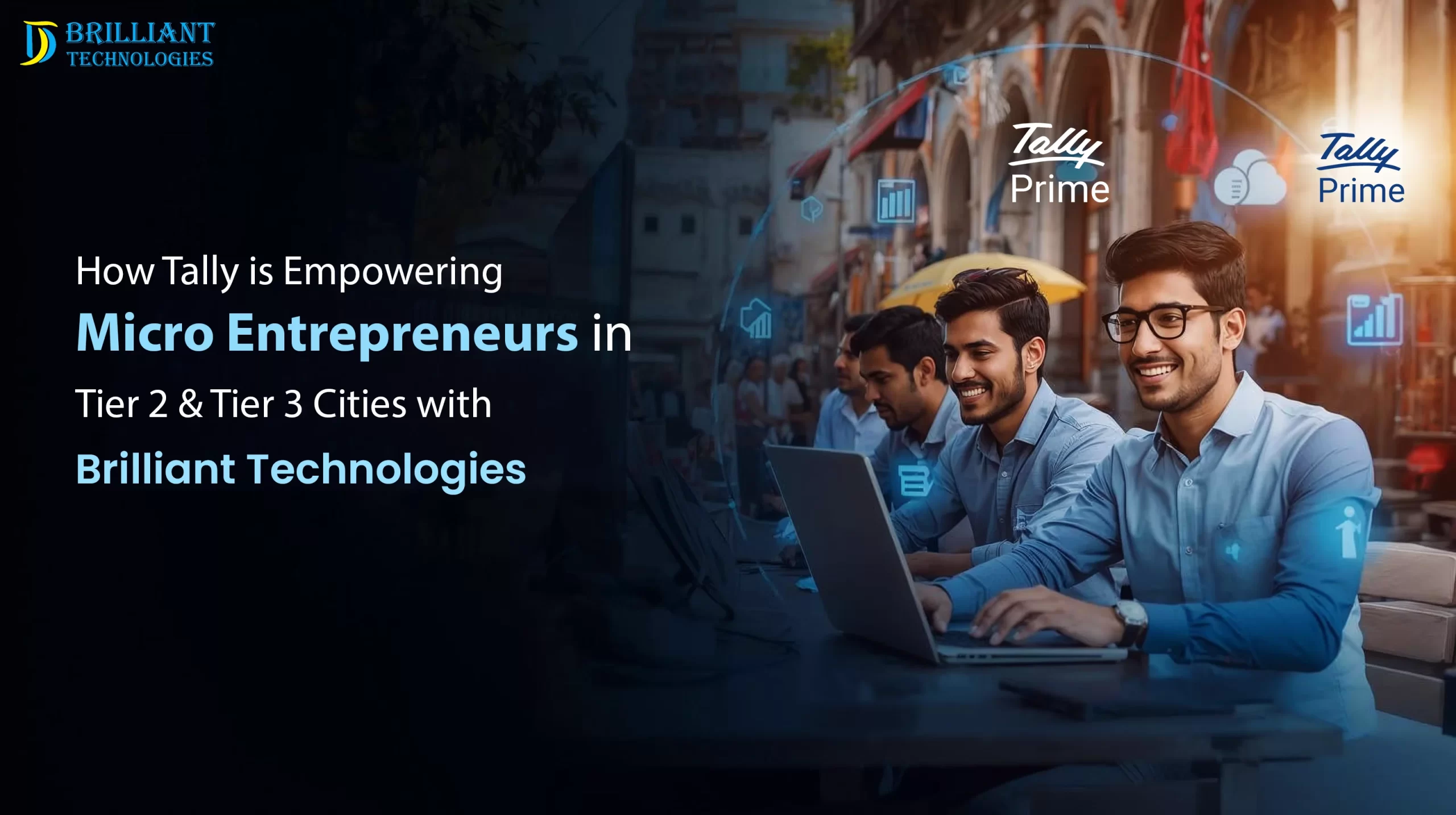 Young micro-entrepreneurs using laptops in a Tier 2 city environment empowered by TallyPrime and supported by Brilliant Technologies.