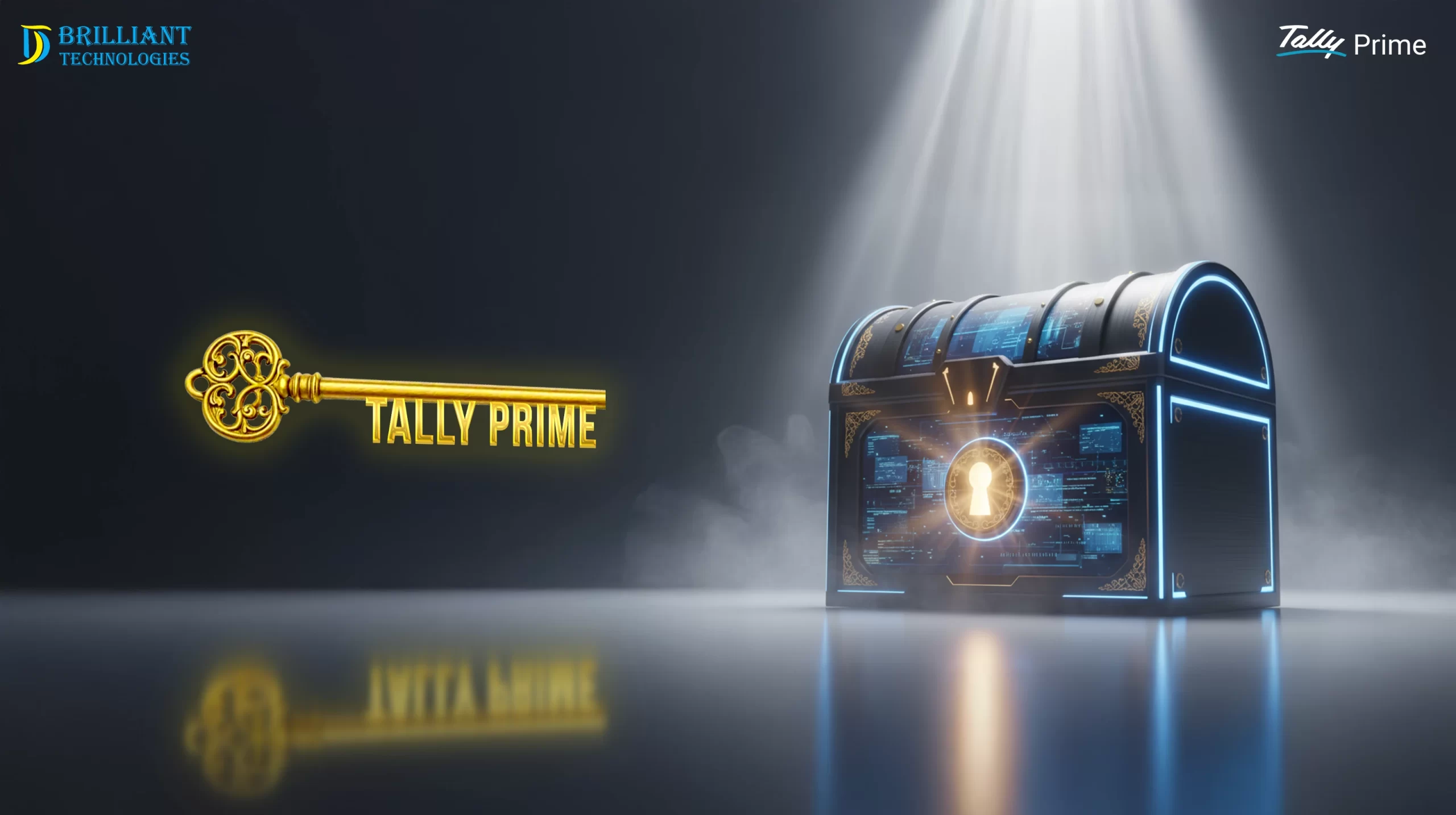 Golden key labeled Tally Prime unlocking a futuristic digital treasure chest, representing secure business insights by Brilliant Technologies.