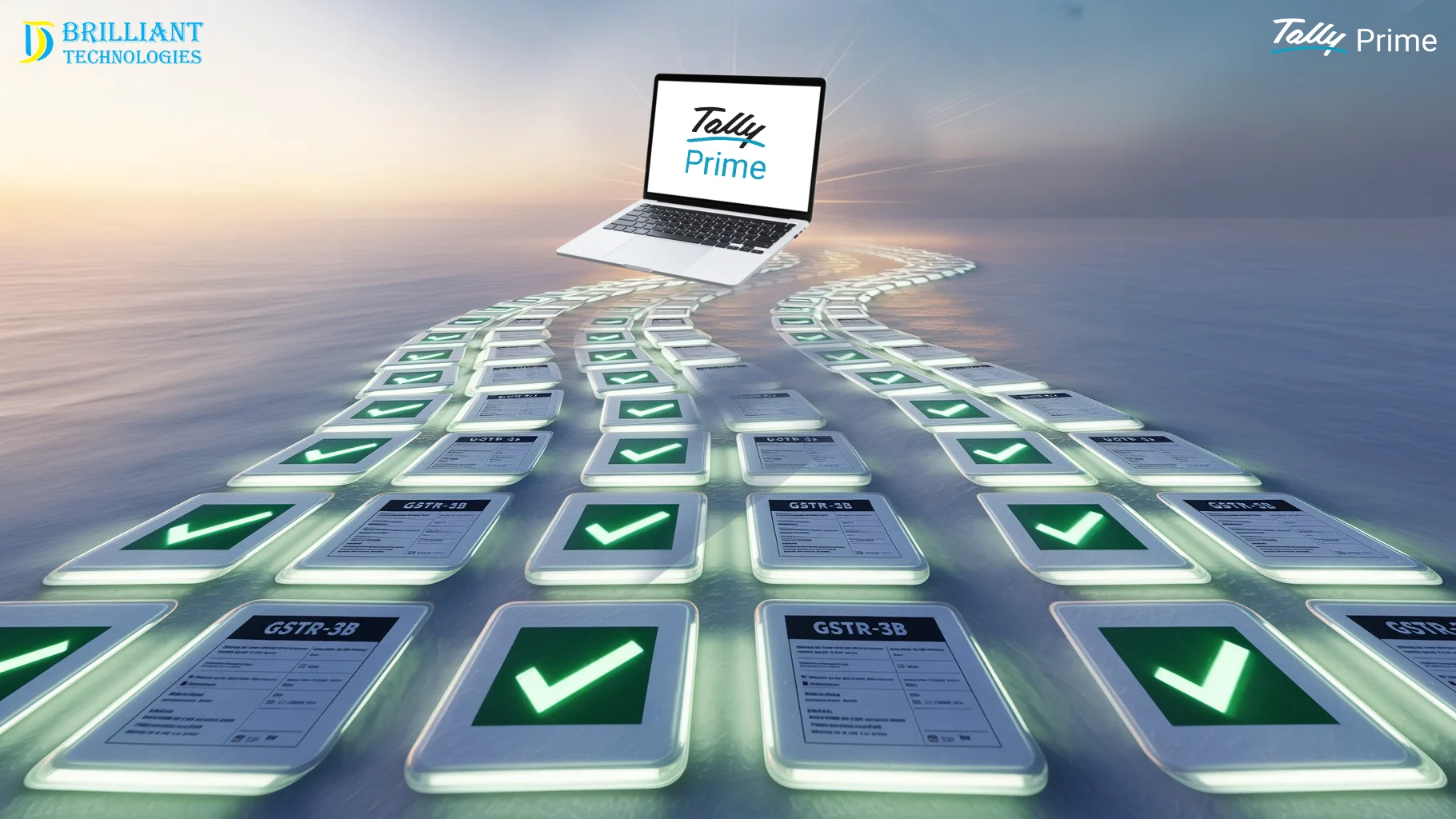 TallyPrime automating GST filing with a smooth digital pathway of GSTR-3B forms and green checkmarks, powered by Brilliant Technologies.