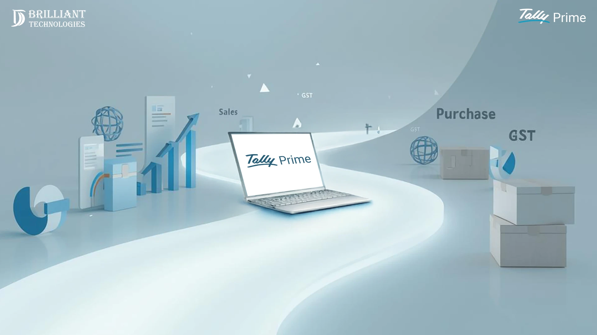 TallyPrime workflow for sales, purchase, and GST automation by Brilliant Technologies illustrated on a smooth digital path.