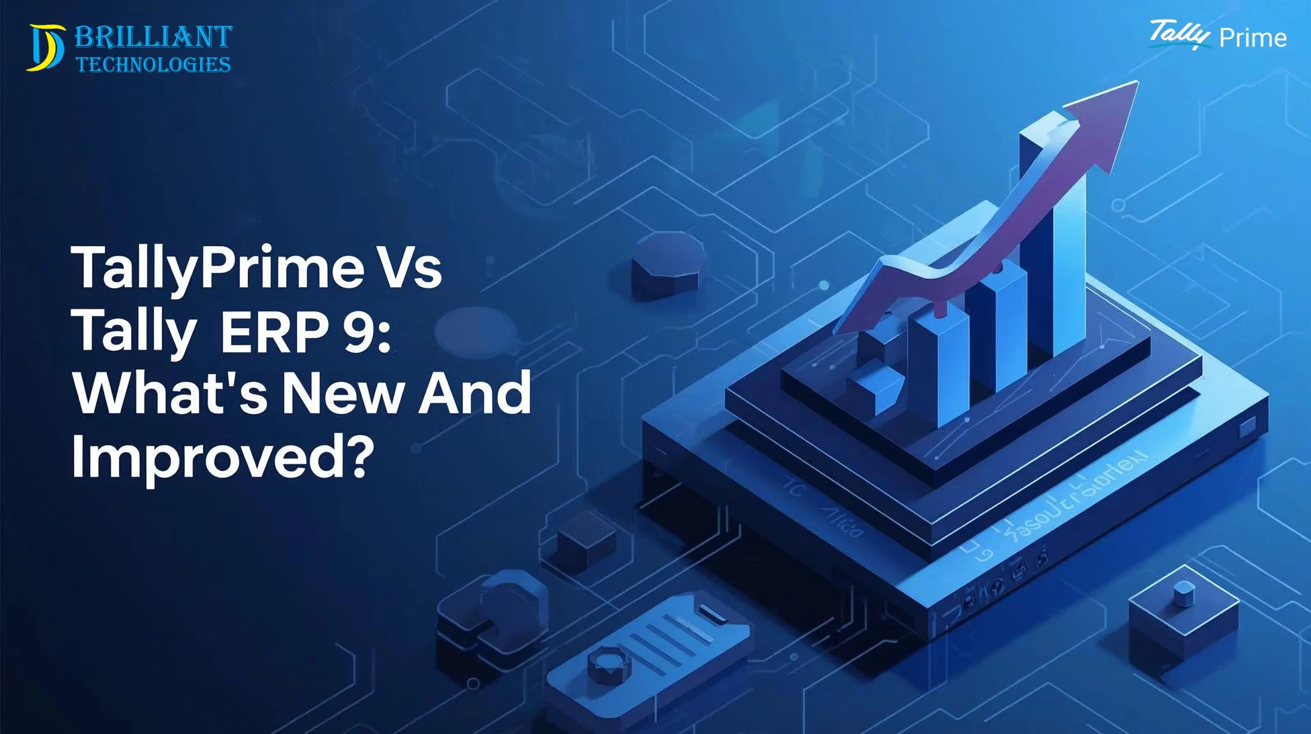 TallyPrime vs Tally ERP 9 comparison banner showing growth analytics graphics, created by Brilliant Technologies.