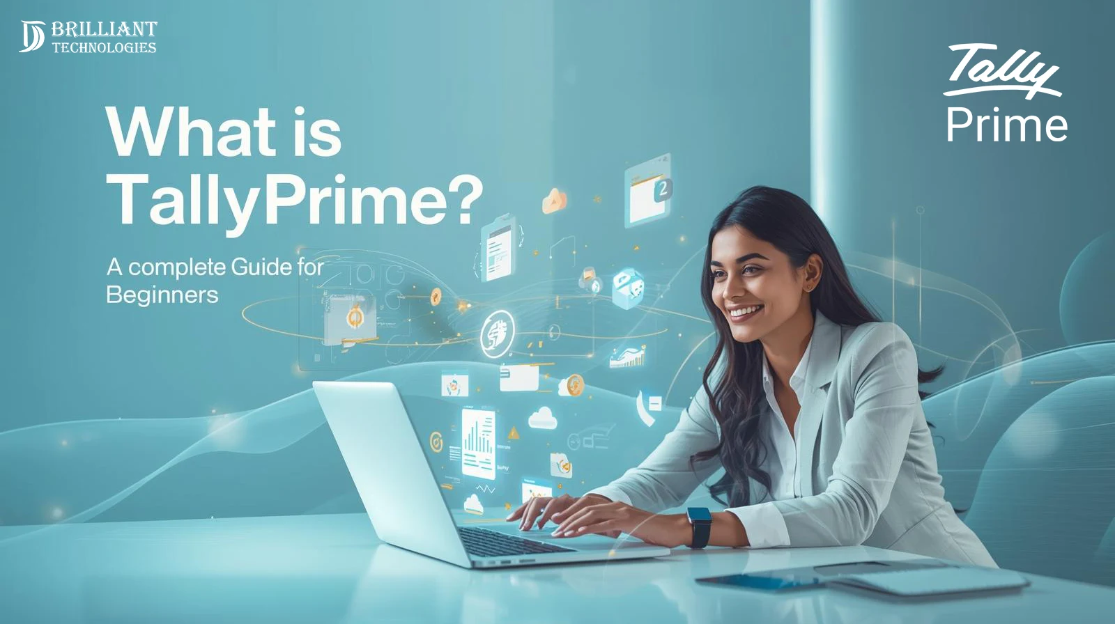 Smiling woman using a laptop with digital accounting icons representing TallyPrime features, presented by Brilliant Technologies.