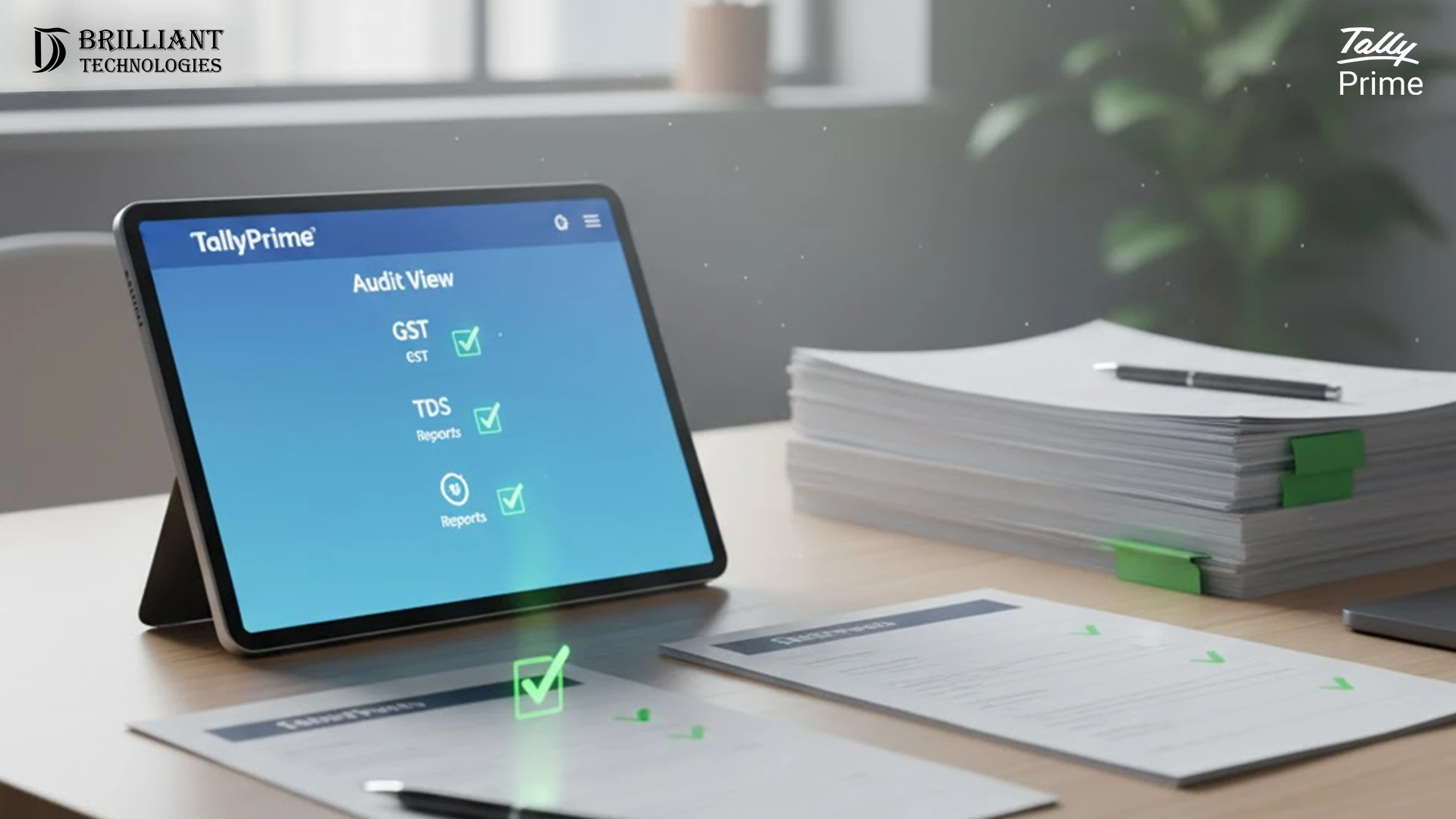 Brilliant Technologies TallyPrime audit view on tablet showing GST TDS and compliance reports