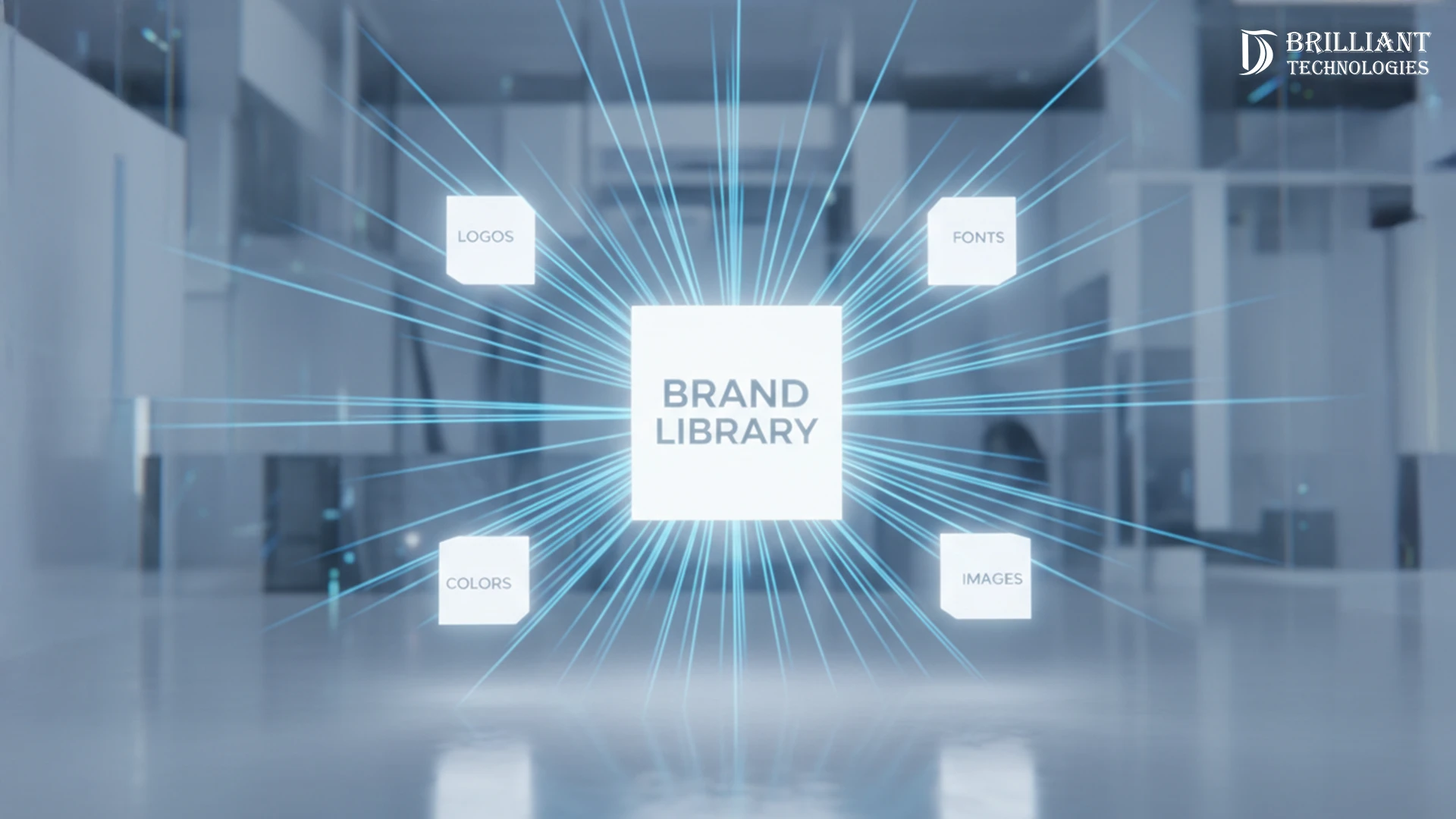 Brilliant Technologies brand library concept showing centralized access to logos fonts colors and images