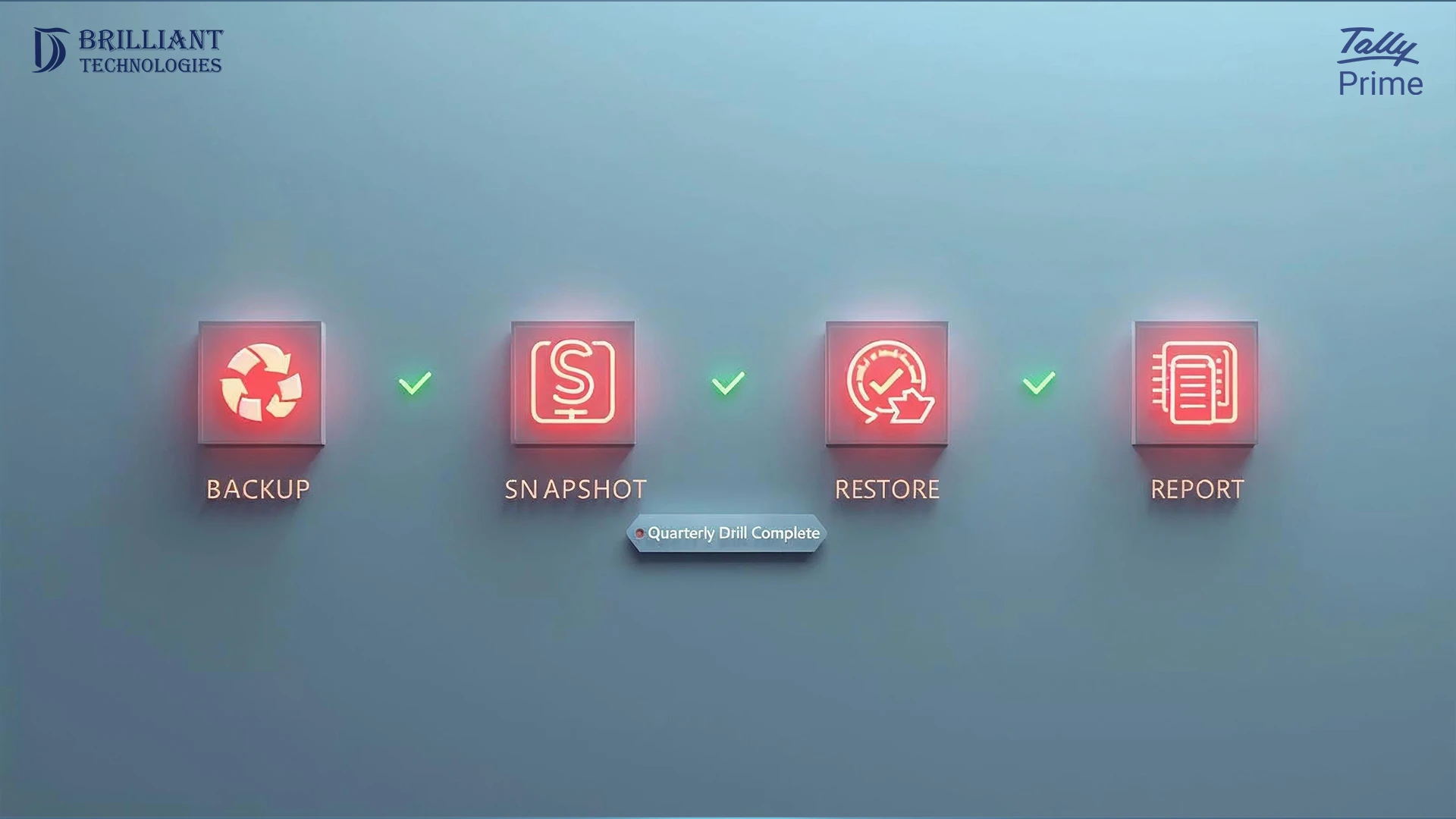 Brilliant Technologies Tally Prime workflow showing Backup, Snapshot, Restore, and Report process with completion indicators.