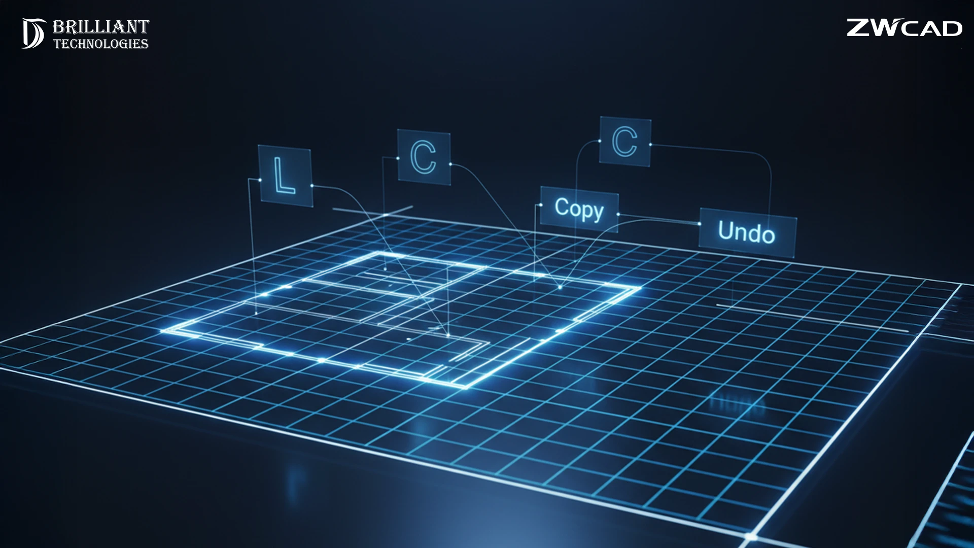 Brilliant Technologies ZWCAD drafting grid showing CAD shortcuts like line copy and undo