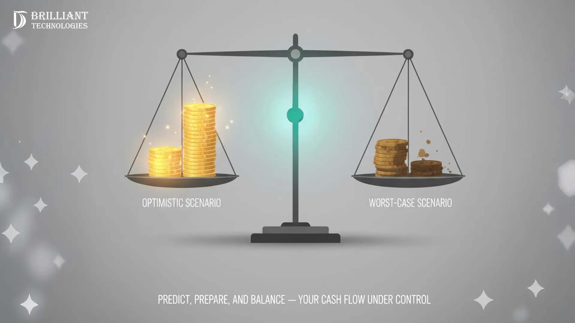 Brilliant Technologies balance scale comparing optimistic cashflow scenario with worst case scenario using stacked coins