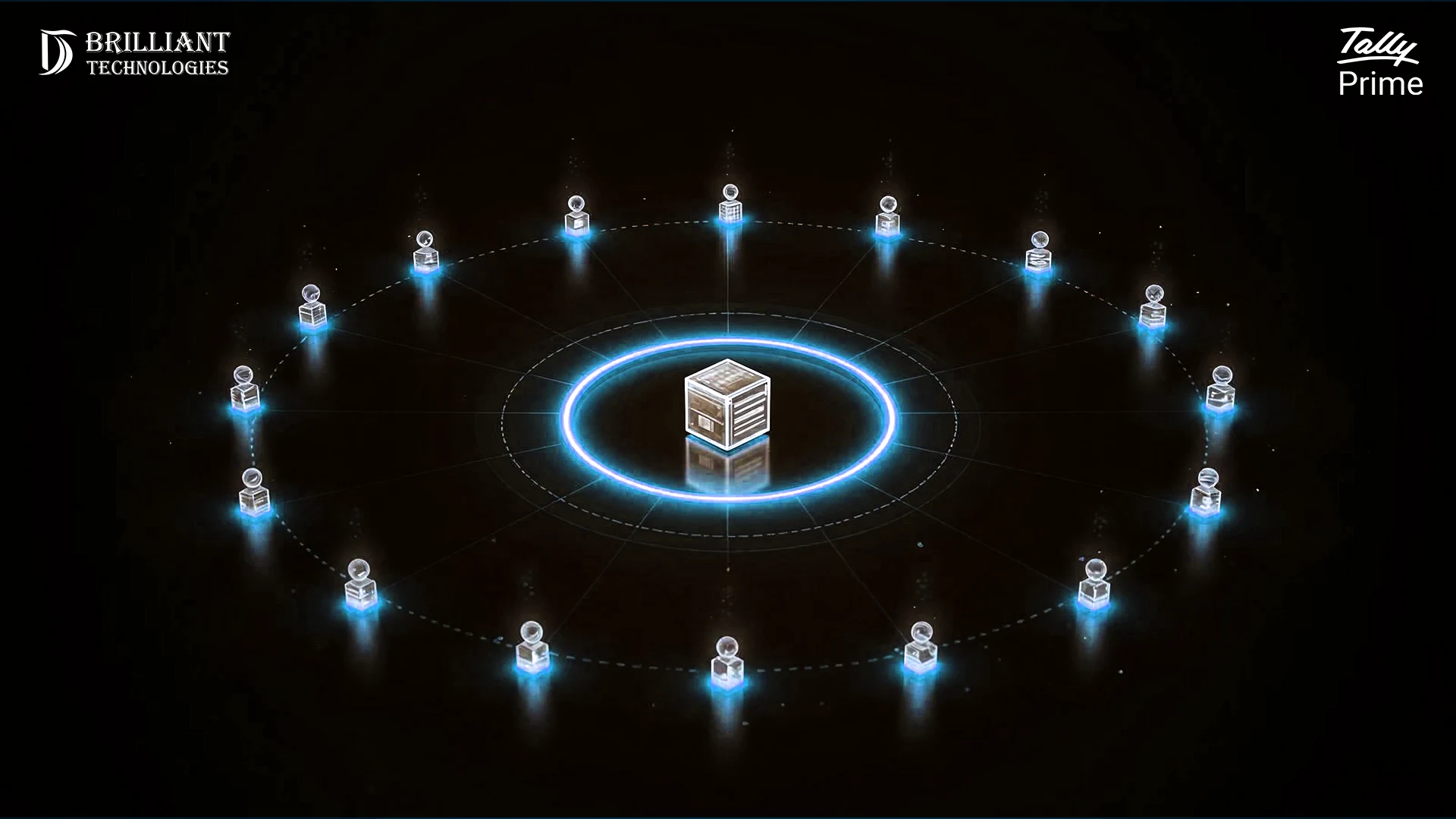 Brilliant Technologies Tally Prime centralized server connecting multiple users in a secure digital network.