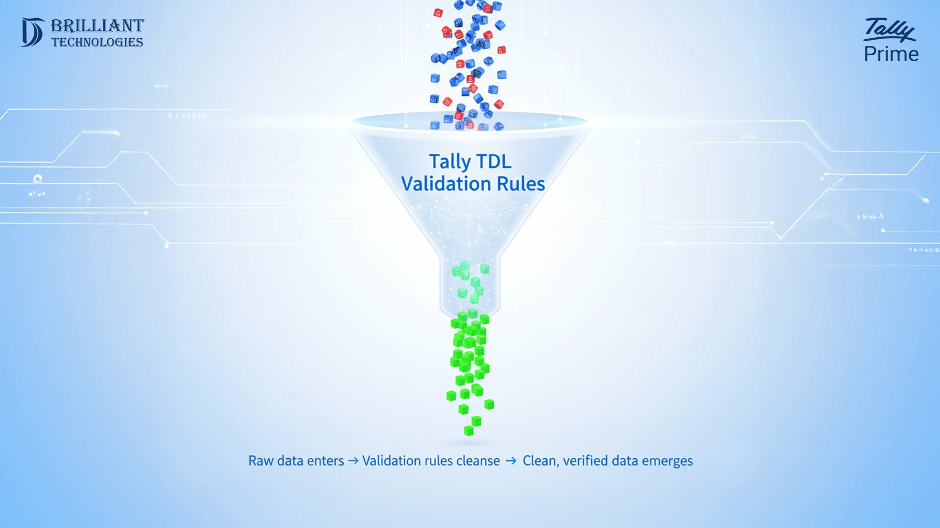Brilliant Technologies Tally TDL validation rules funnel showing raw data entering and clean verified data emerging.