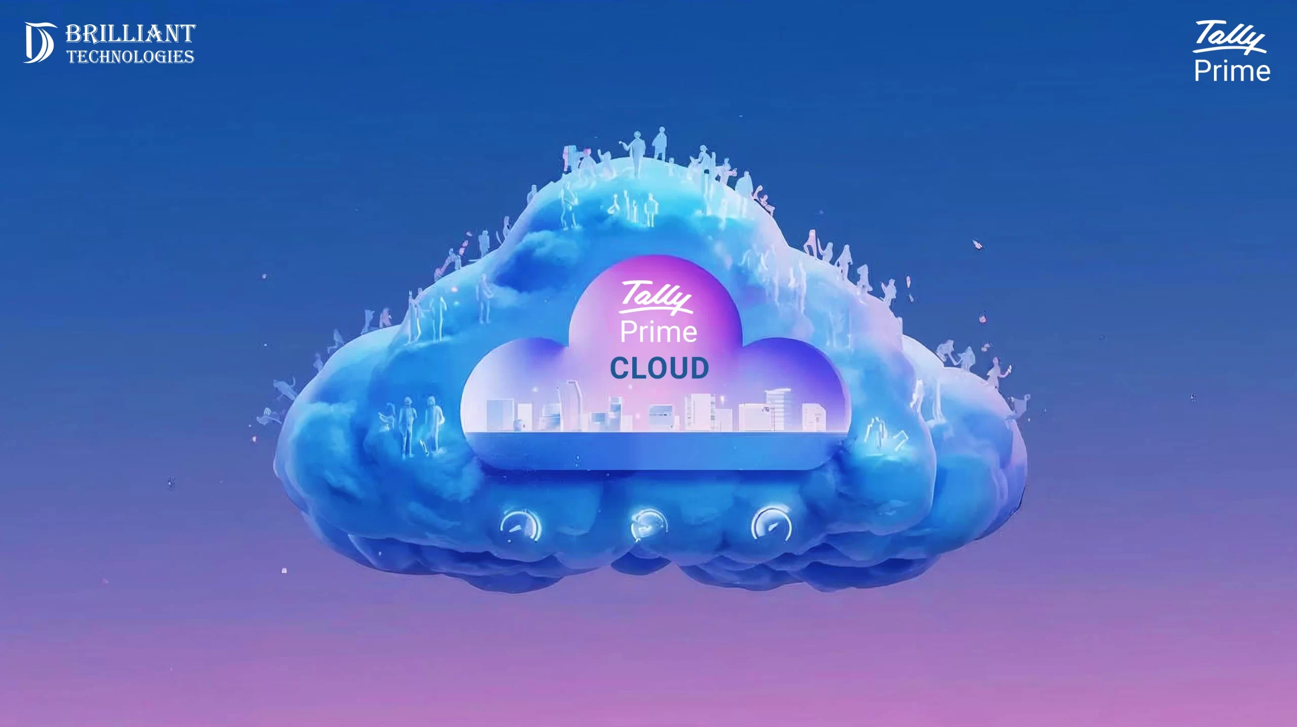 Brilliant Technologies Tally Prime Cloud illustration with blue cloud, people, and city visuals.