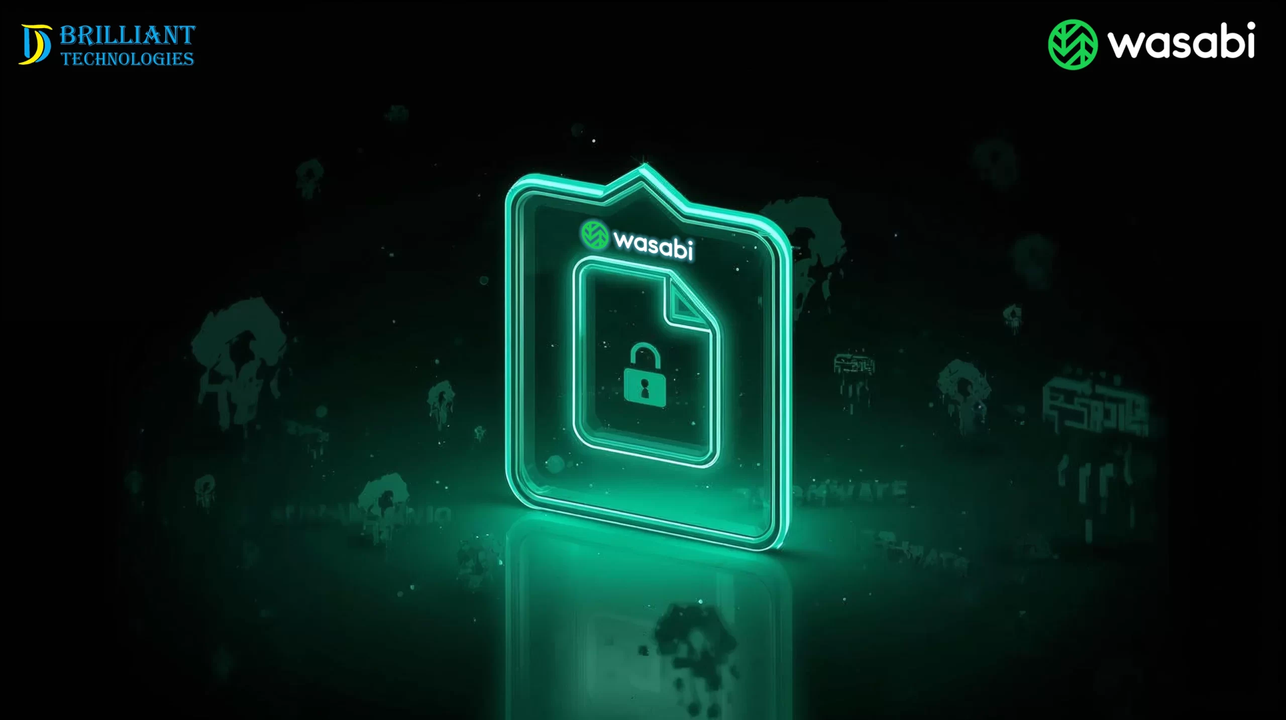 Brilliant Technologies Wasabi secure file protection icon with neon green shield and lock.