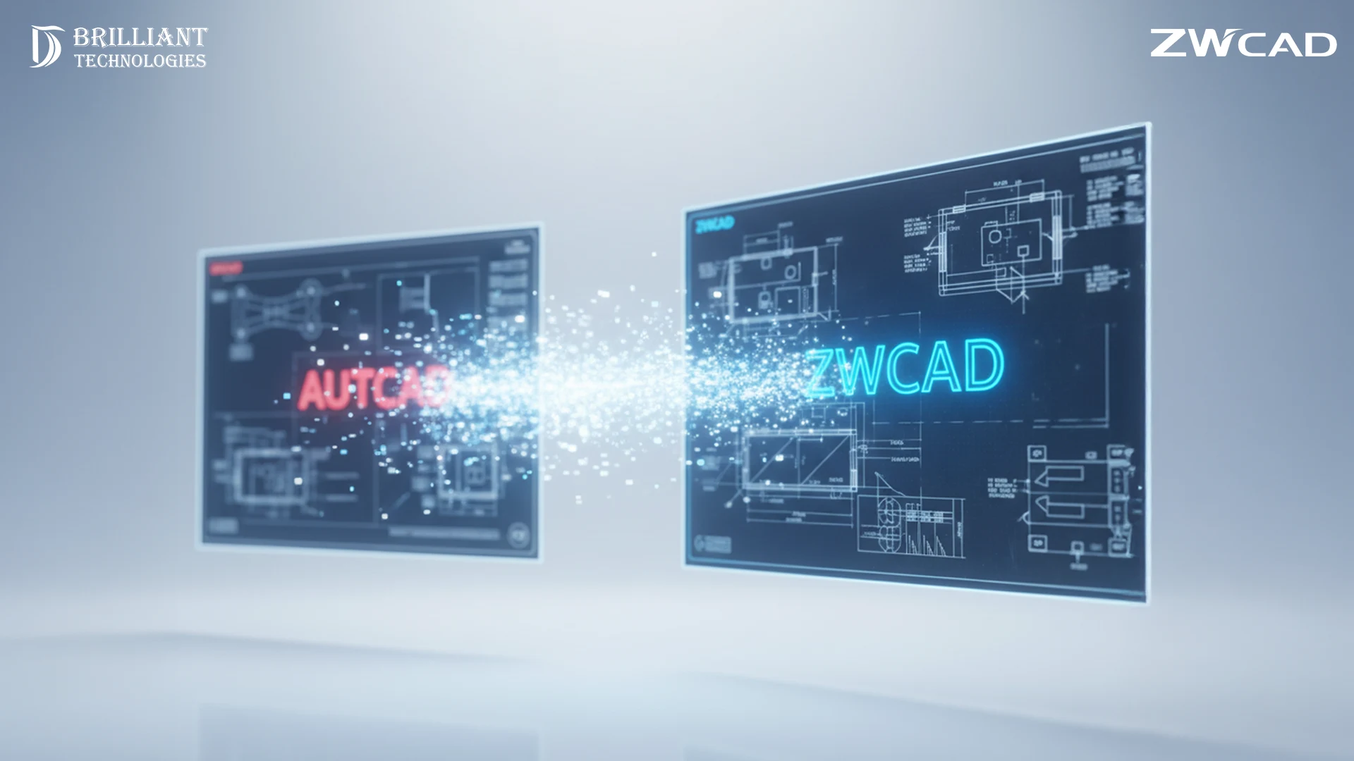 Brilliant Technologies AutoCAD to ZWCAD drawing migration showing digital data transfer between CAD files