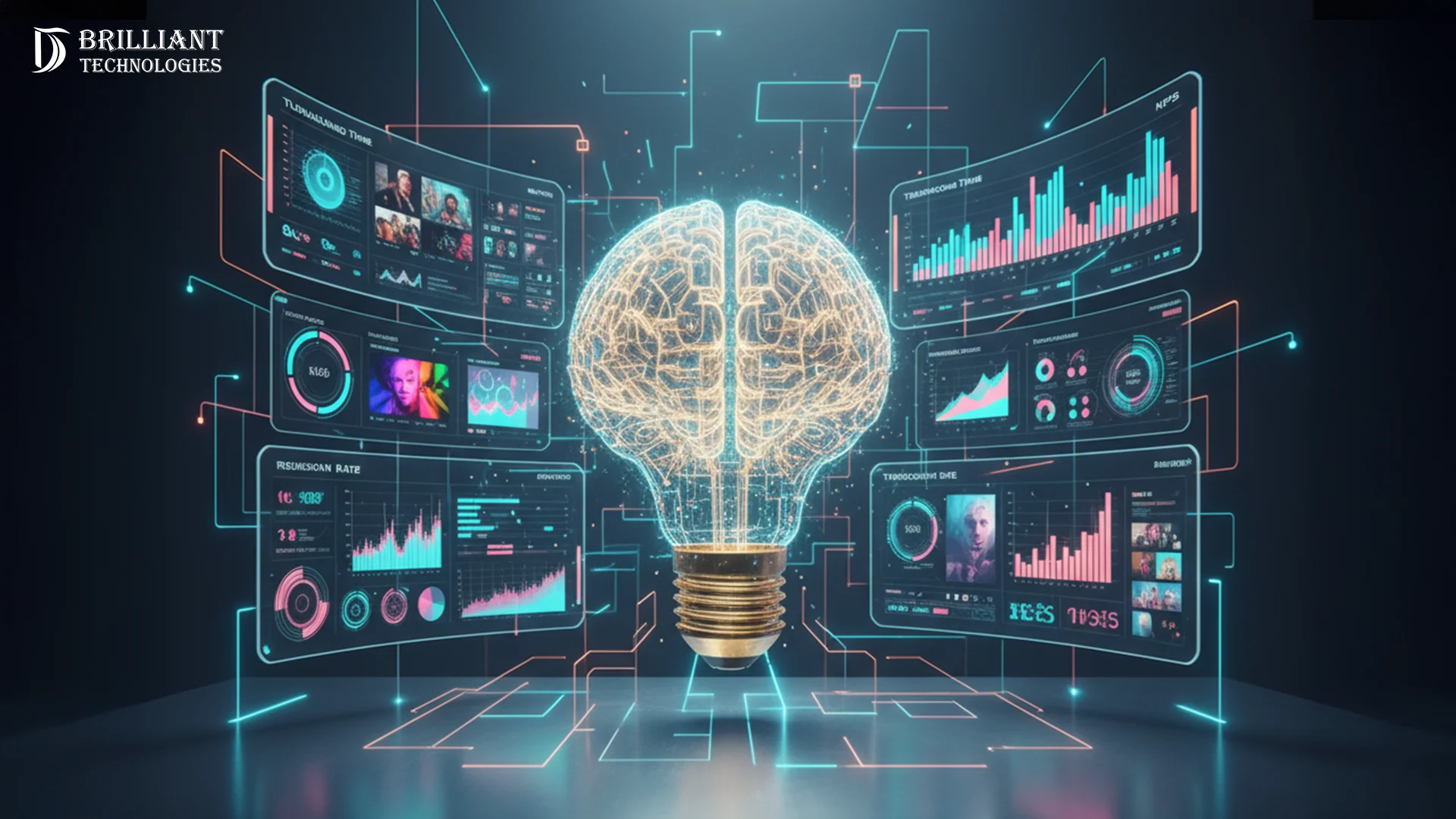 Brilliant Technologies AI brain surrounded by digital analytics dashboards and data visualizations