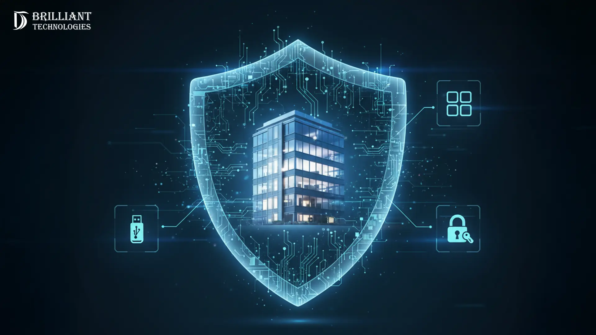 Brilliant Technologies digital shield protecting a building with cybersecurity icons and circuit patterns