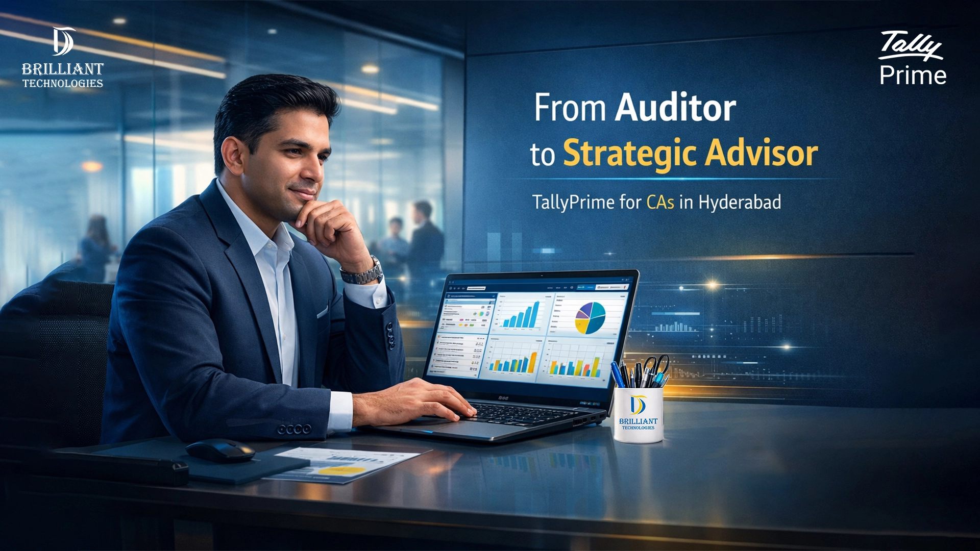 Chartered Accountant in Hyderabad using TallyPrime dashboards for strategic advisory and financial analysis by Brilliant Technologies