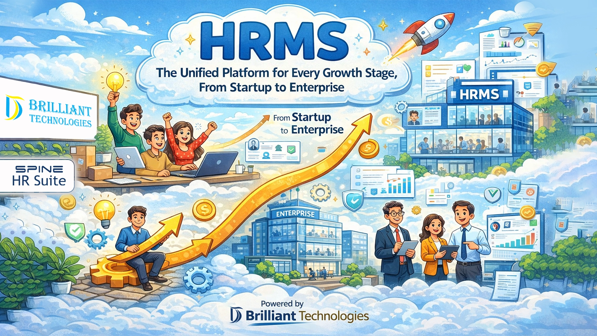 HRMS unified platform for startups to enterprises by Brilliant Technologies Hyderabad, enabling smart HR, payroll, and business growth