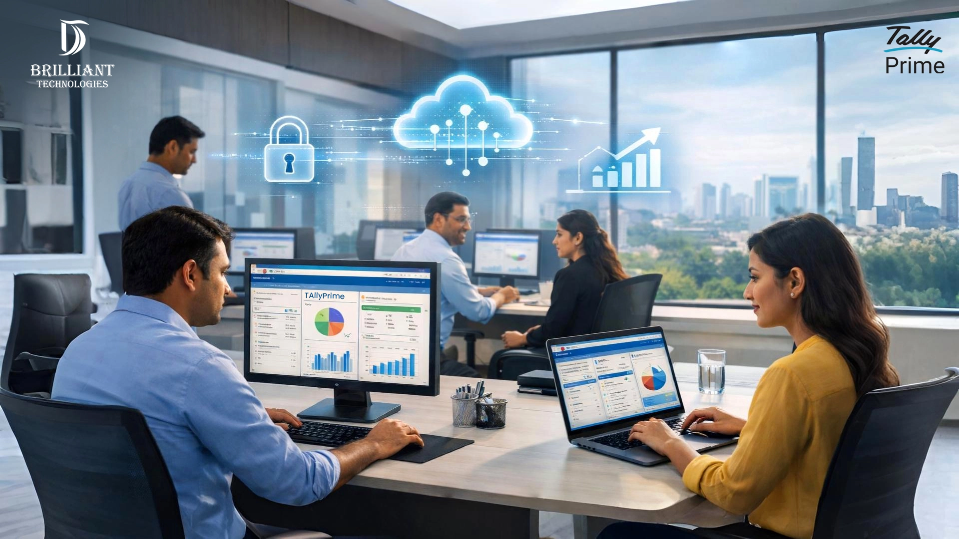 Brilliant Technologies team using TallyPrime 7 software in Hyderabad office for secure accounting, GST compliance, and real-time business reporting