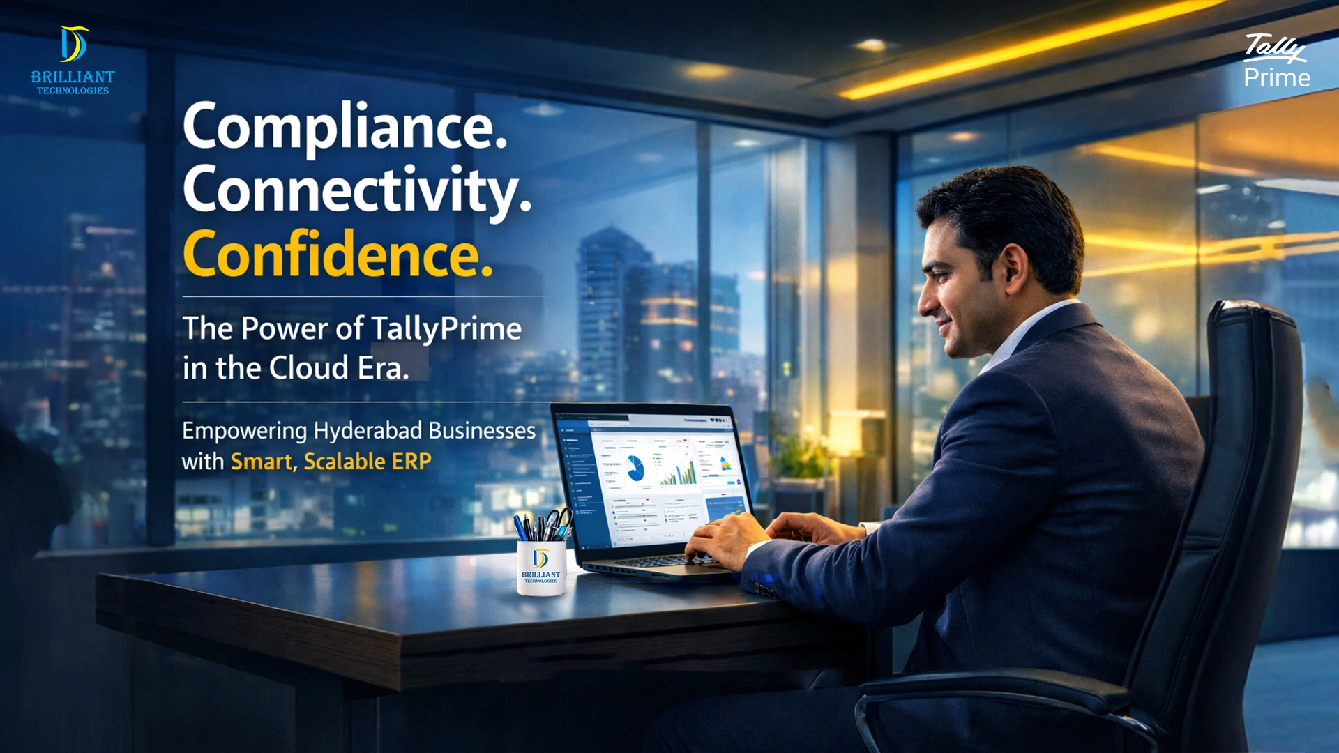 Business professional using TallyPrime cloud ERP software by Brilliant Technologies to manage accounting and compliance for Hyderabad businesses