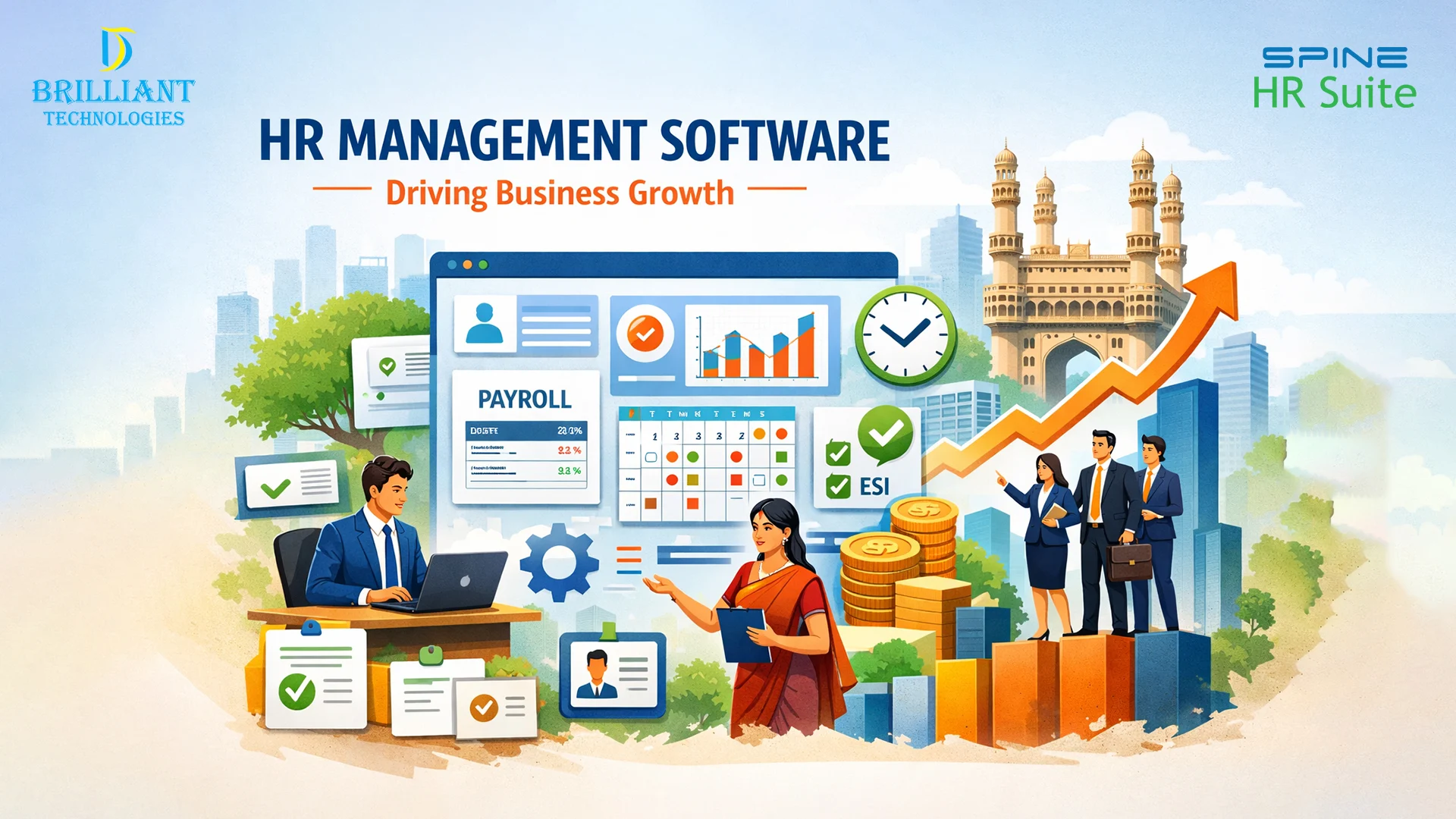 HR Management Software by Brilliant Technologies in Hyderabad with payroll, attendance, ESI compliance and business growth analytics