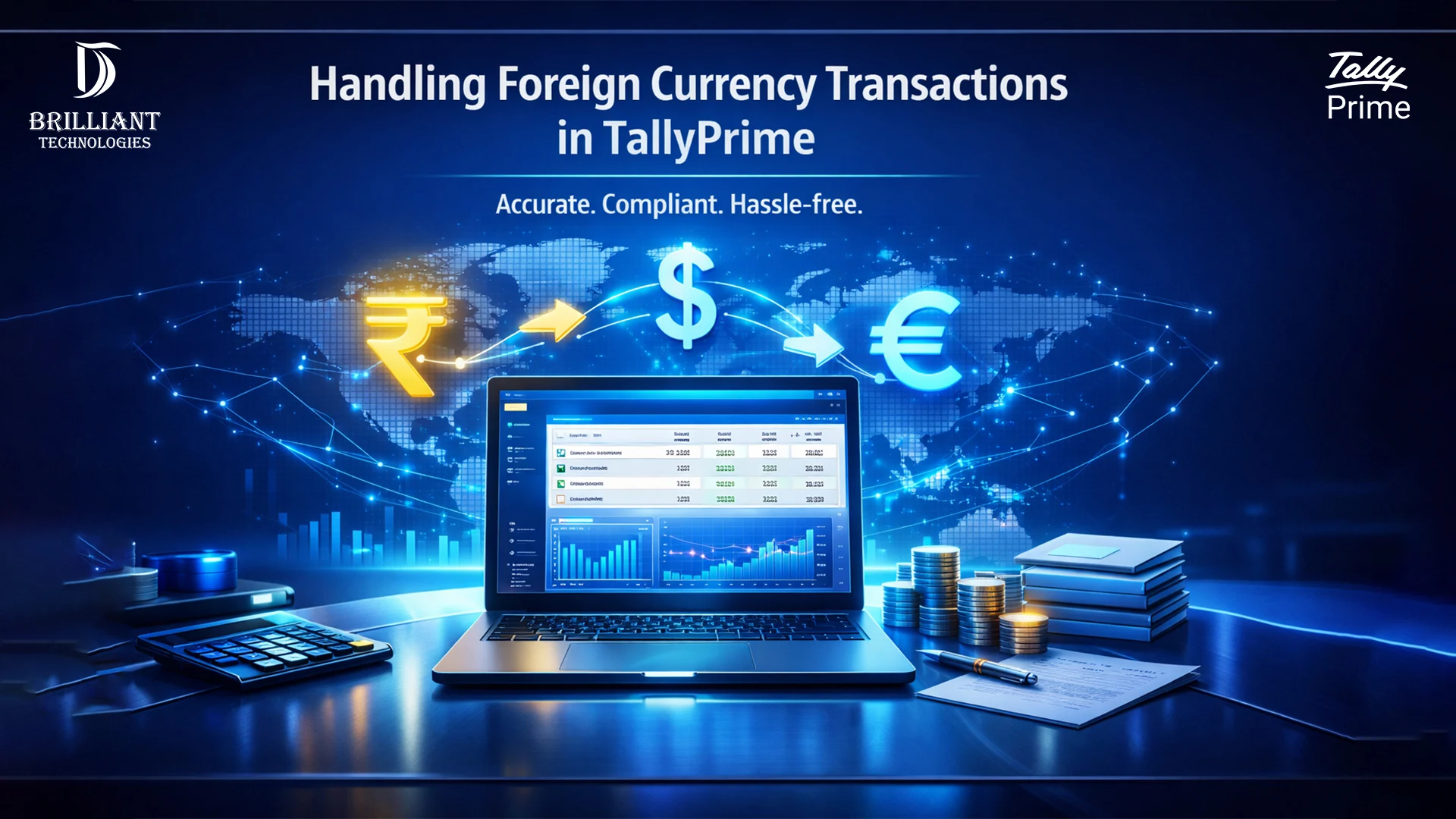 Handling foreign currency transactions in TallyPrime by Brilliant Technologies, trusted Tally partner in Hyderabad for accurate accounting