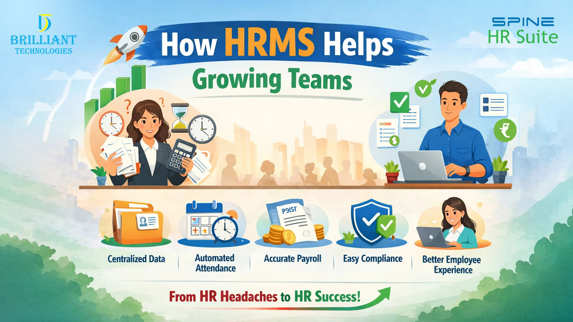 How HRMS helps growing teams with automated attendance, payroll, compliance, and centralized employee data by Brilliant Technologies – Tally and HRMS solutions provider in Hyderabad