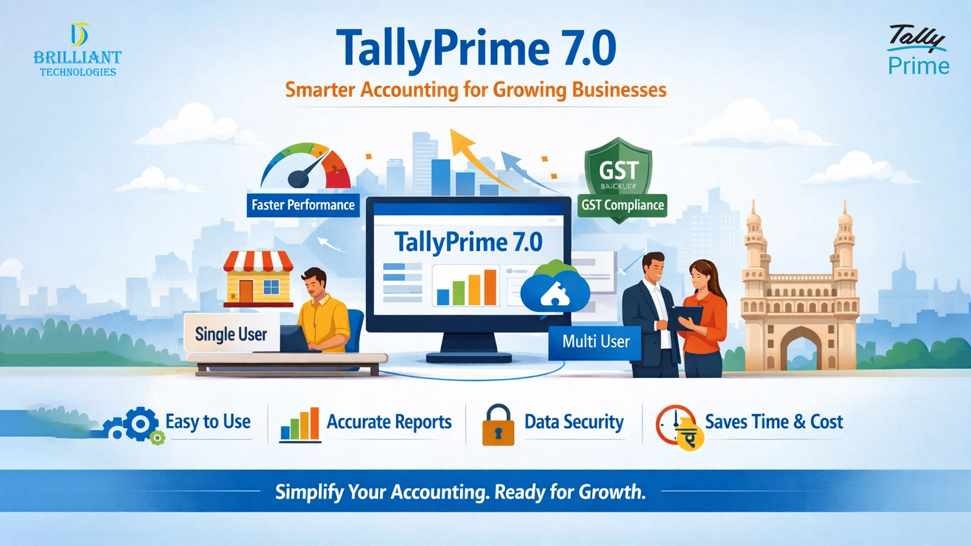 TallyPrime 7.0 software by Brilliant Technologies for smarter accounting, GST compliance, and business growth in Hyderabad