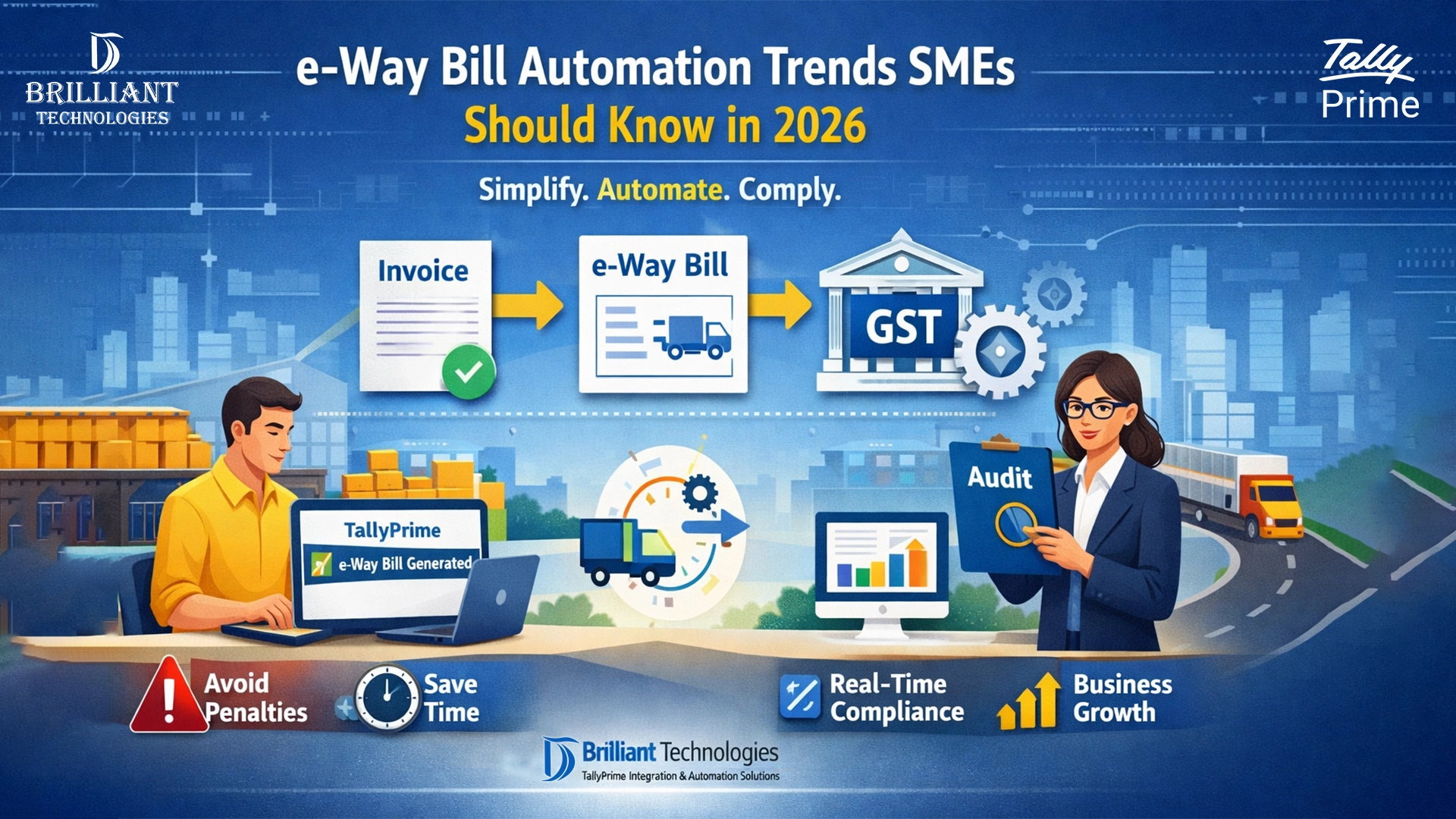 e-Way Bill automation trends for SMEs in 2026 using TallyPrime, GST-compliant invoice to e-Way Bill process by Brilliant Technologies Hyderabad