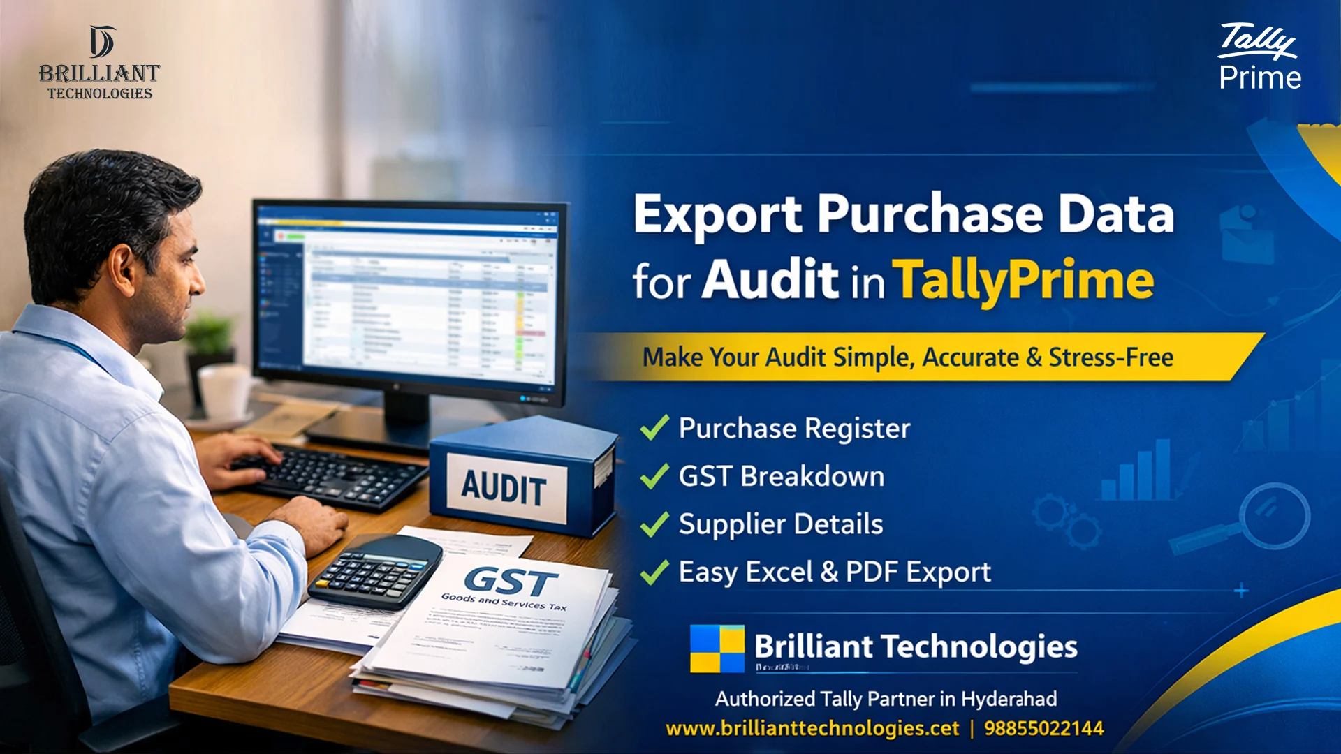 Export Purchase Data for Audit in TallyPrime by Brilliant Technologies, Authorized Tally Partner in Hyderabad offering GST reports and purchase register export support