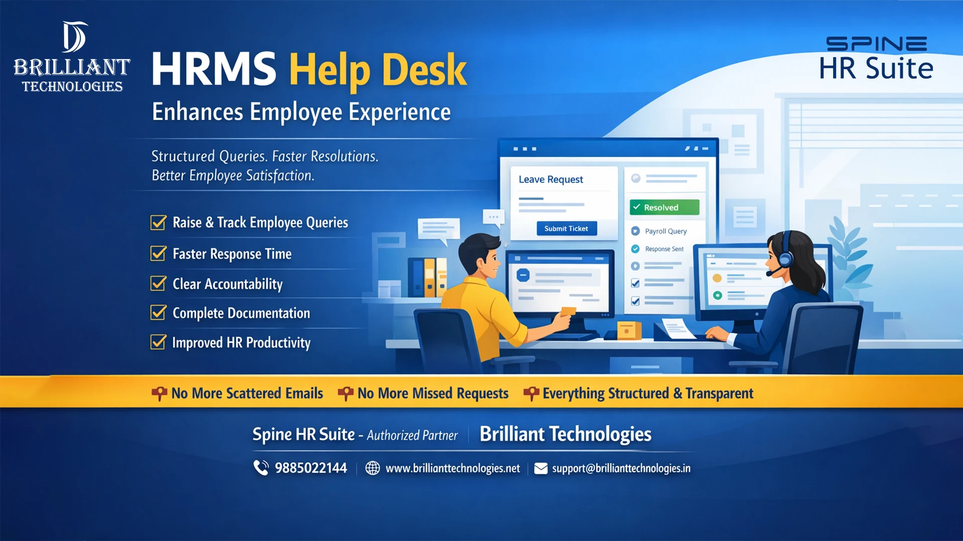 HRMS Help Desk Software by Brilliant Technologies in Hyderabad – Spine HR Suite for employee query management, payroll support, leave tracking, and HR automation