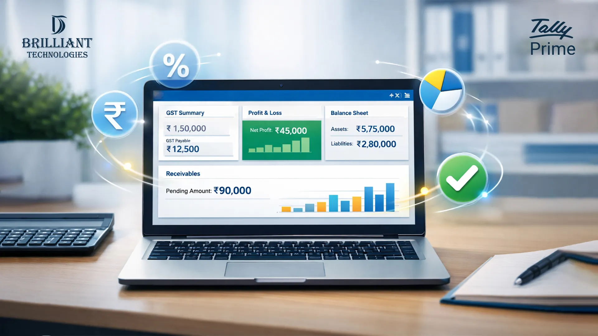 Tally Prime dashboard showing auto calculations and reports by Brilliant Technologies, trusted Tally partner in Hyderabad