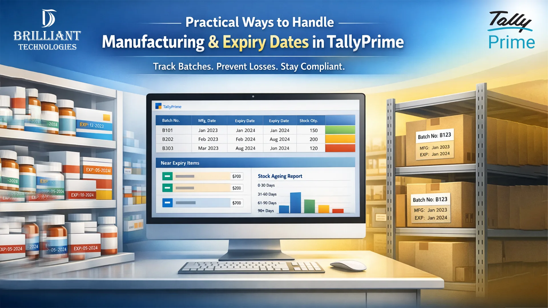 Brilliant Technologies TallyPrime manufacturing and expiry date management services in Hyderabad with batch tracking and stock aging reports