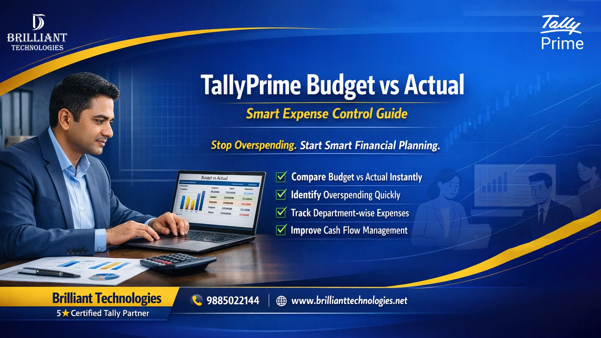 TallyPrime Budget vs Actual report by Brilliant Technologies Hyderabad showing smart expense control and budget comparison for businesses