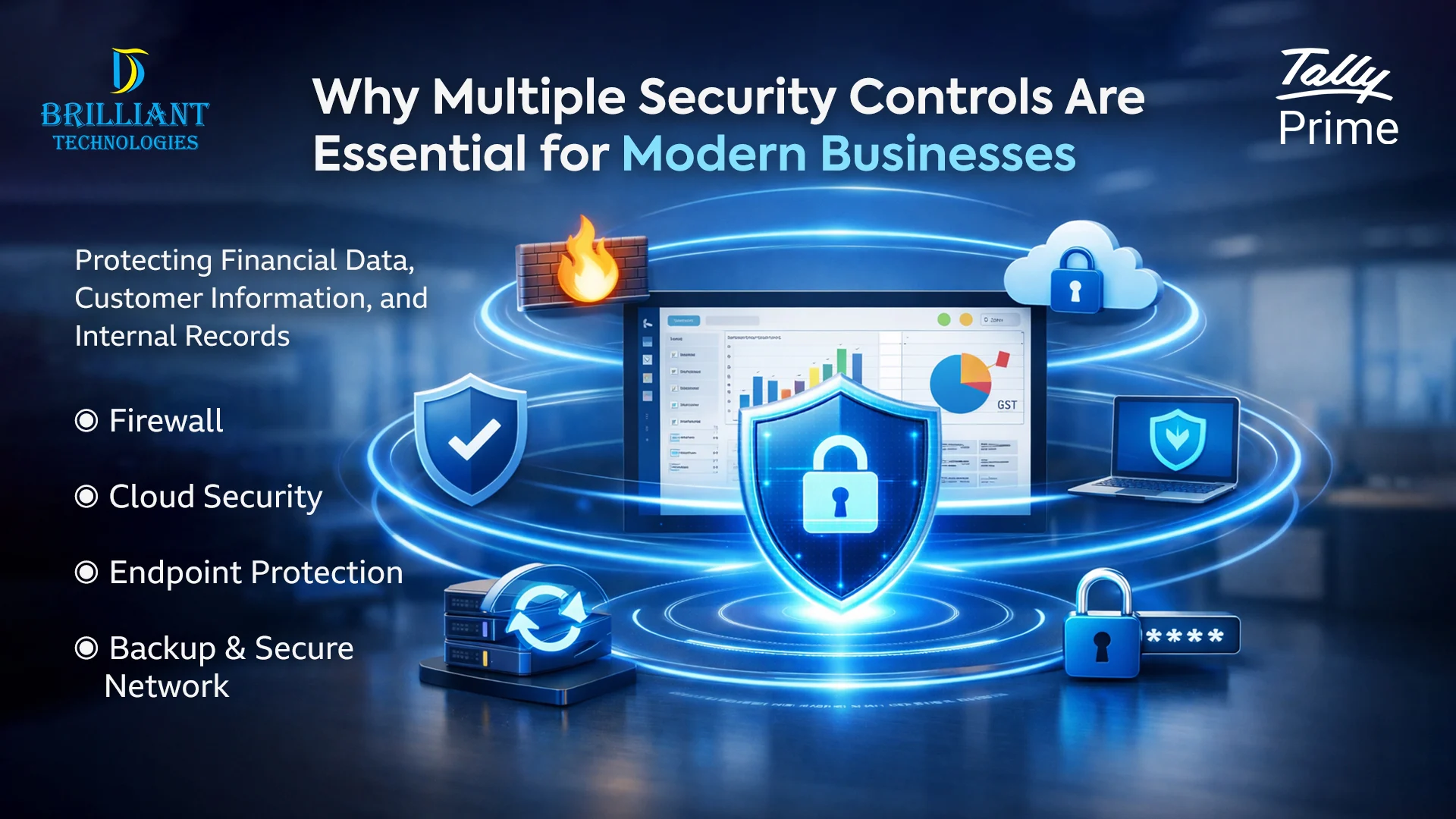 Brilliant Technologies Hyderabad providing TallyPrime security solutions with firewall, cloud security, endpoint protection and secure backup for modern businesses
