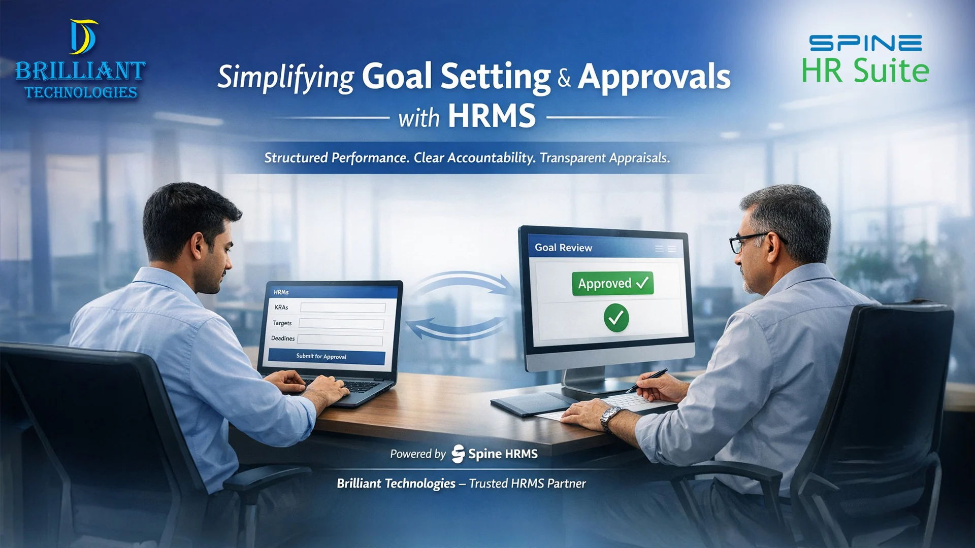Brilliant Technologies HRMS software in Hyderabad simplifying goal setting and HOD approvals with Spine HR Suite for structured performance management.