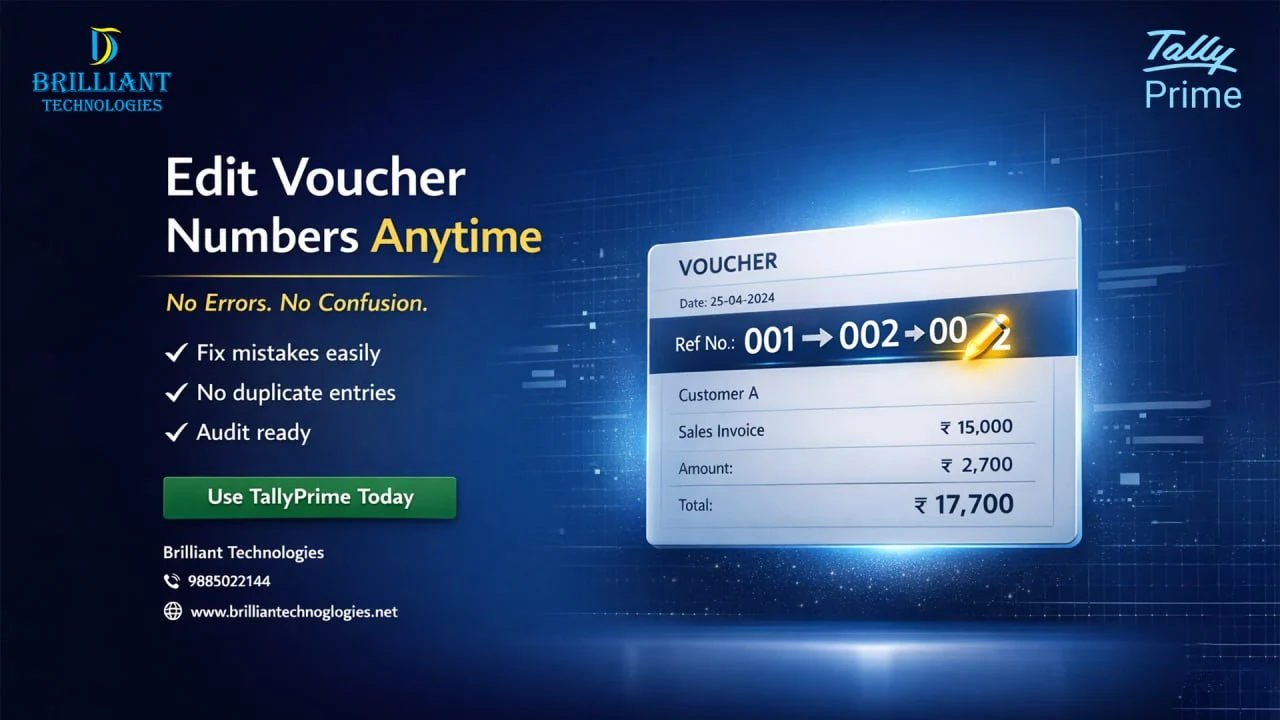 Flexible voucher numbering in TallyPrime Hyderabad by Brilliant Technologies to edit voucher numbers easily and avoid accounting errors