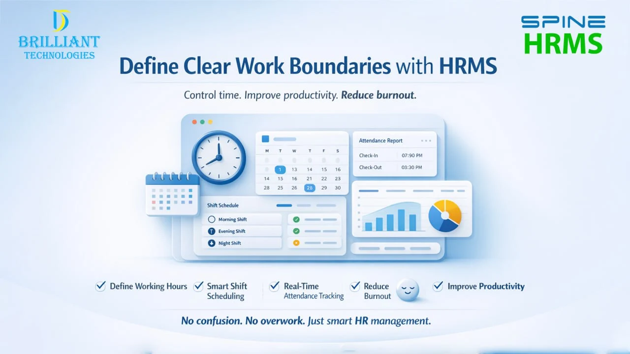 HRMS software for work boundaries Hyderabad by Brilliant Technologies showing employee time tracking, shift scheduling and attendance management