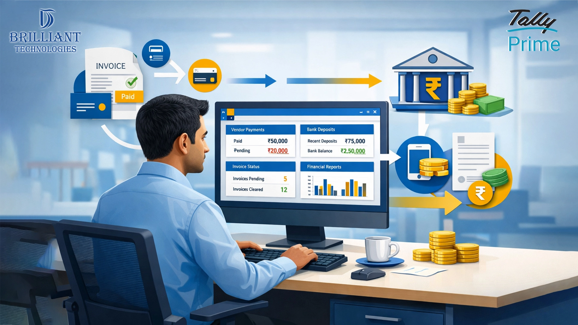 TallyPrime vendor payment and bank deposit tracking dashboard for businesses by Brilliant Technologies Tally Software Provider in Hyderabad