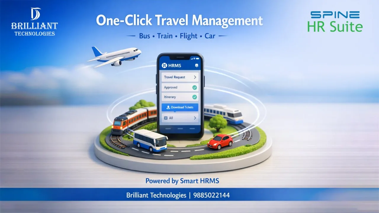 One-click travel management in HRMS by Brilliant Technologies Hyderabad for booking bus, train, flight, and car with instant ticket access
