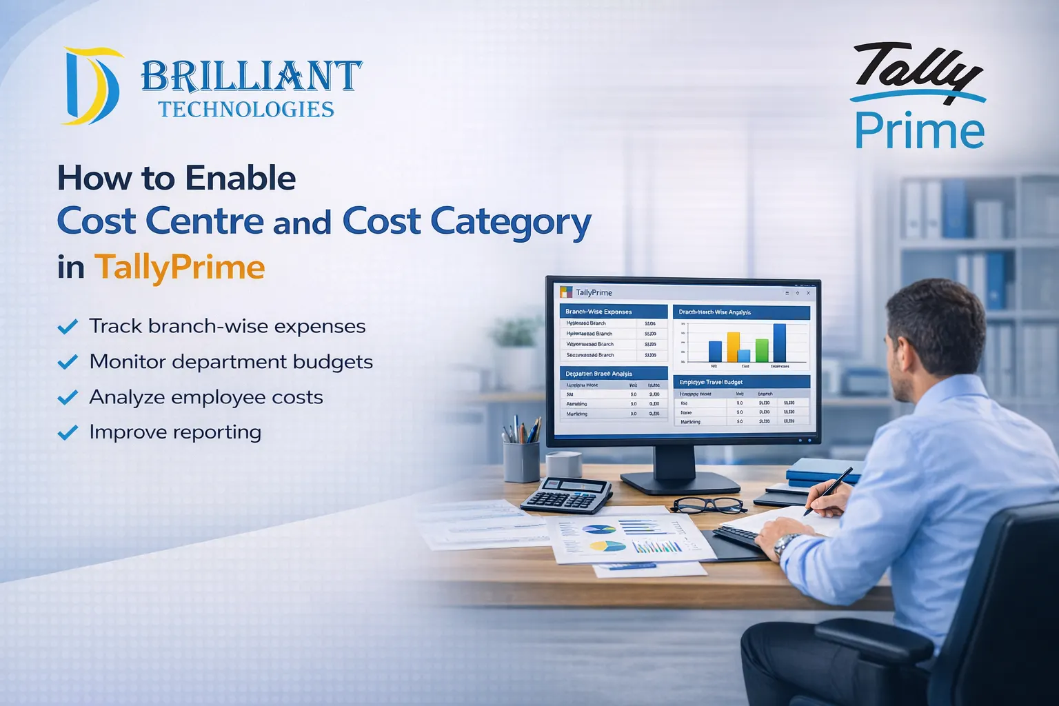 Brilliant Technologies Hyderabad guide showing how to enable Cost Centre and Cost Category in TallyPrime for branch and department expense tracking