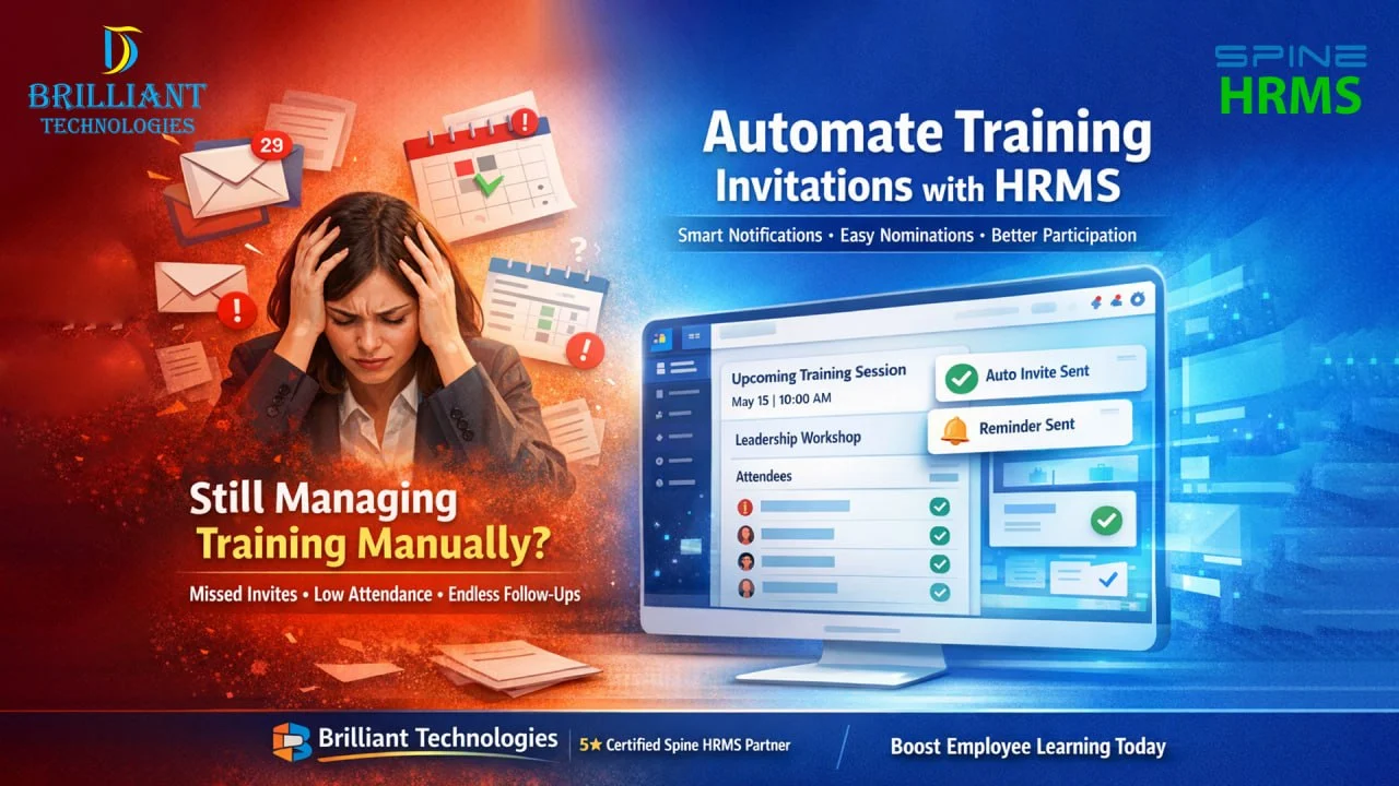 Automated training invitations in Spine HRMS by Brilliant Technologies Hyderabad improving employee participation attendance reminders and training management
