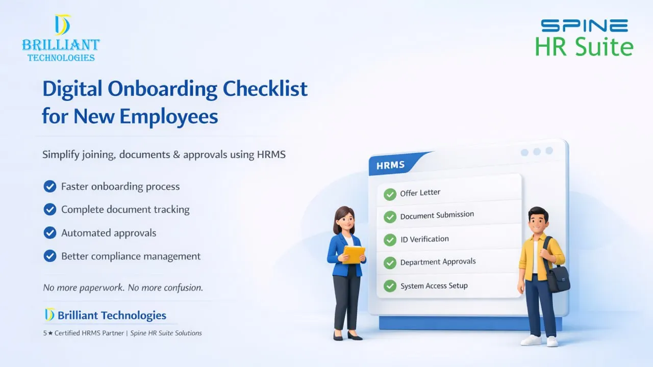 Brilliant Technologies digital onboarding checklist for new employees using Spine HR Suite HRMS software in Hyderabad with automated approvals and document tracking