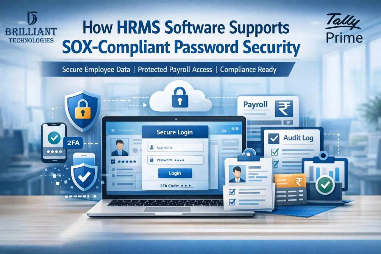 Brilliant Technologies HRMS software banner showing SOX-compliant password security, secure payroll access, employee data protection, and audit log system in Hyderabad